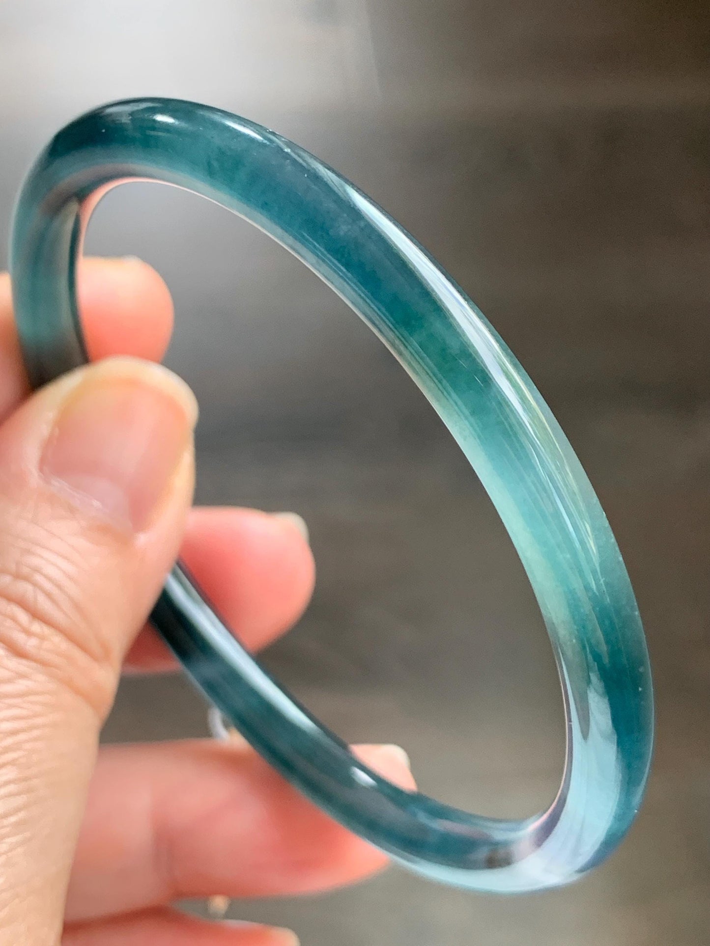 Certified Natural Grade A Guatemalan Icy Translucent Dark Teal Blue Marbled Jade Jadeite Bangle Bracelet 58.25mm 7.2” 天然冰胶危蓝飘花翡翠细圆条手镯 071