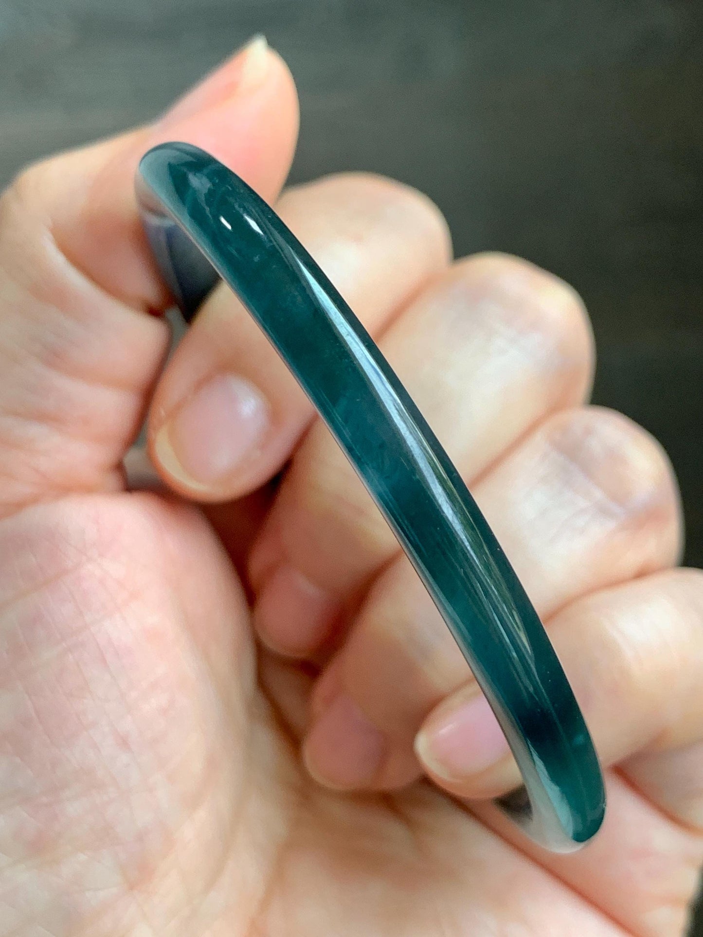 Certified Natural Grade A Guatemalan Icy Translucent Dark Teal Blue Marbled Jade Jadeite Bangle Bracelet 58.25mm 7.2” 天然冰胶危蓝飘花翡翠细圆条手镯 071