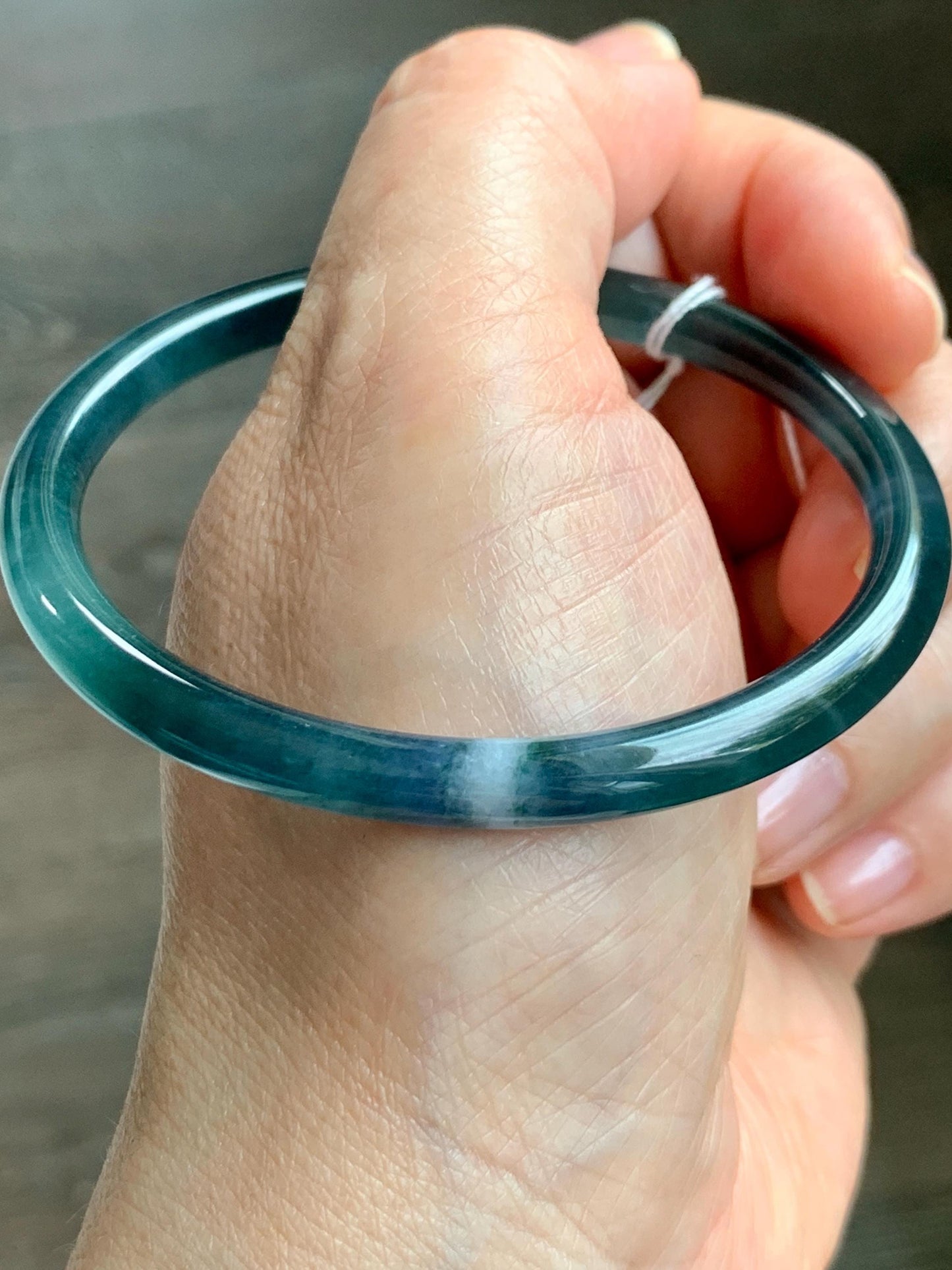 Certified Natural Grade A Guatemalan Icy Translucent Dark Teal Blue Marbled Jade Jadeite Bangle Bracelet 58.25mm 7.2” 天然冰胶危蓝飘花翡翠细圆条手镯 071