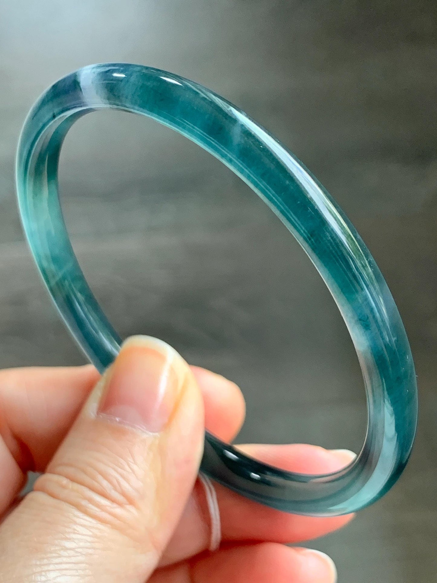Certified Natural Grade A Guatemalan Icy Translucent Dark Teal Blue Marbled Jade Jadeite Bangle Bracelet 58.25mm 7.2” 天然冰胶危蓝飘花翡翠细圆条手镯 071