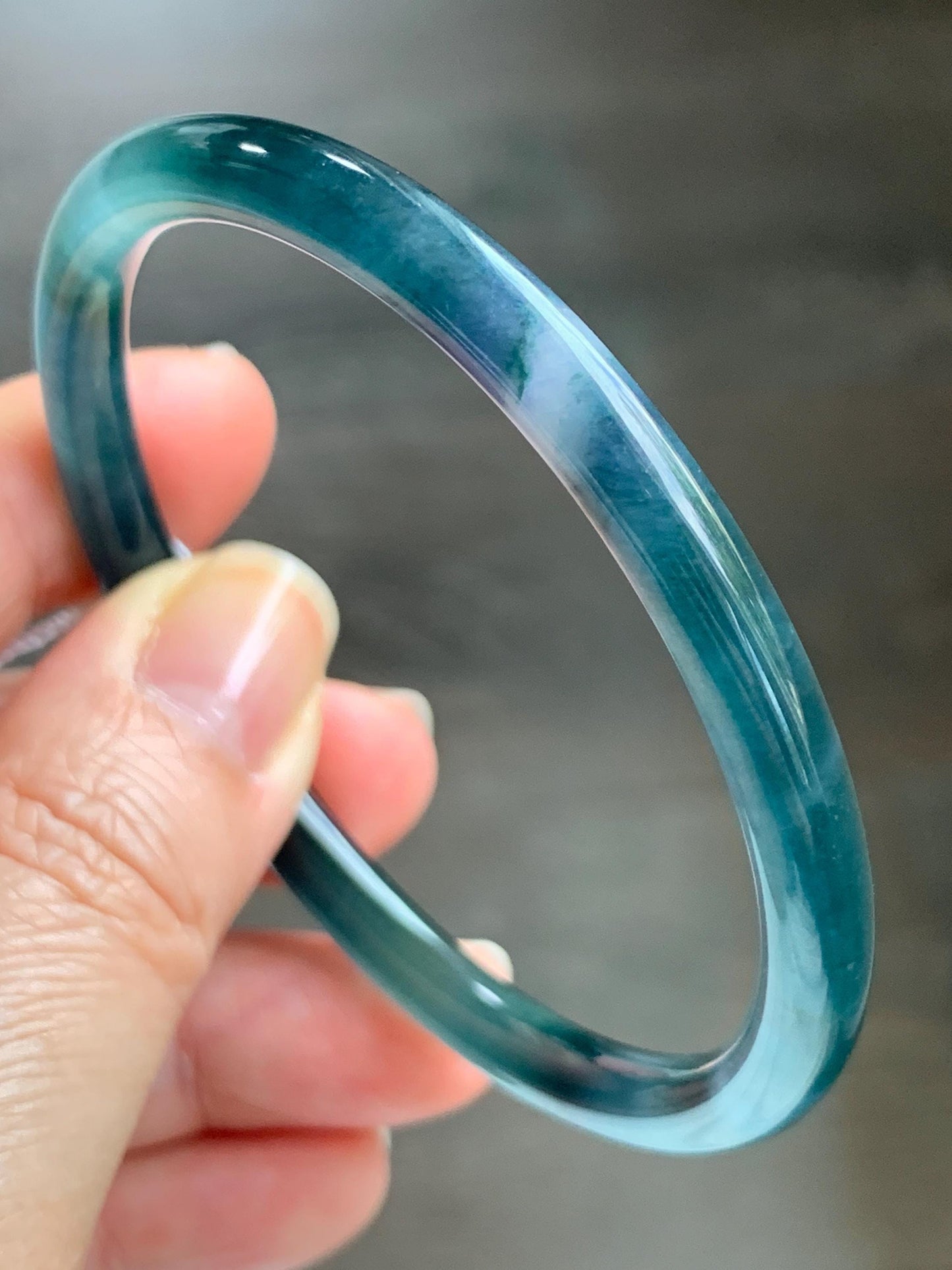 Certified Natural Grade A Guatemalan Icy Translucent Dark Teal Blue Marbled Jade Jadeite Bangle Bracelet 58.25mm 7.2” 天然冰胶危蓝飘花翡翠细圆条手镯 071