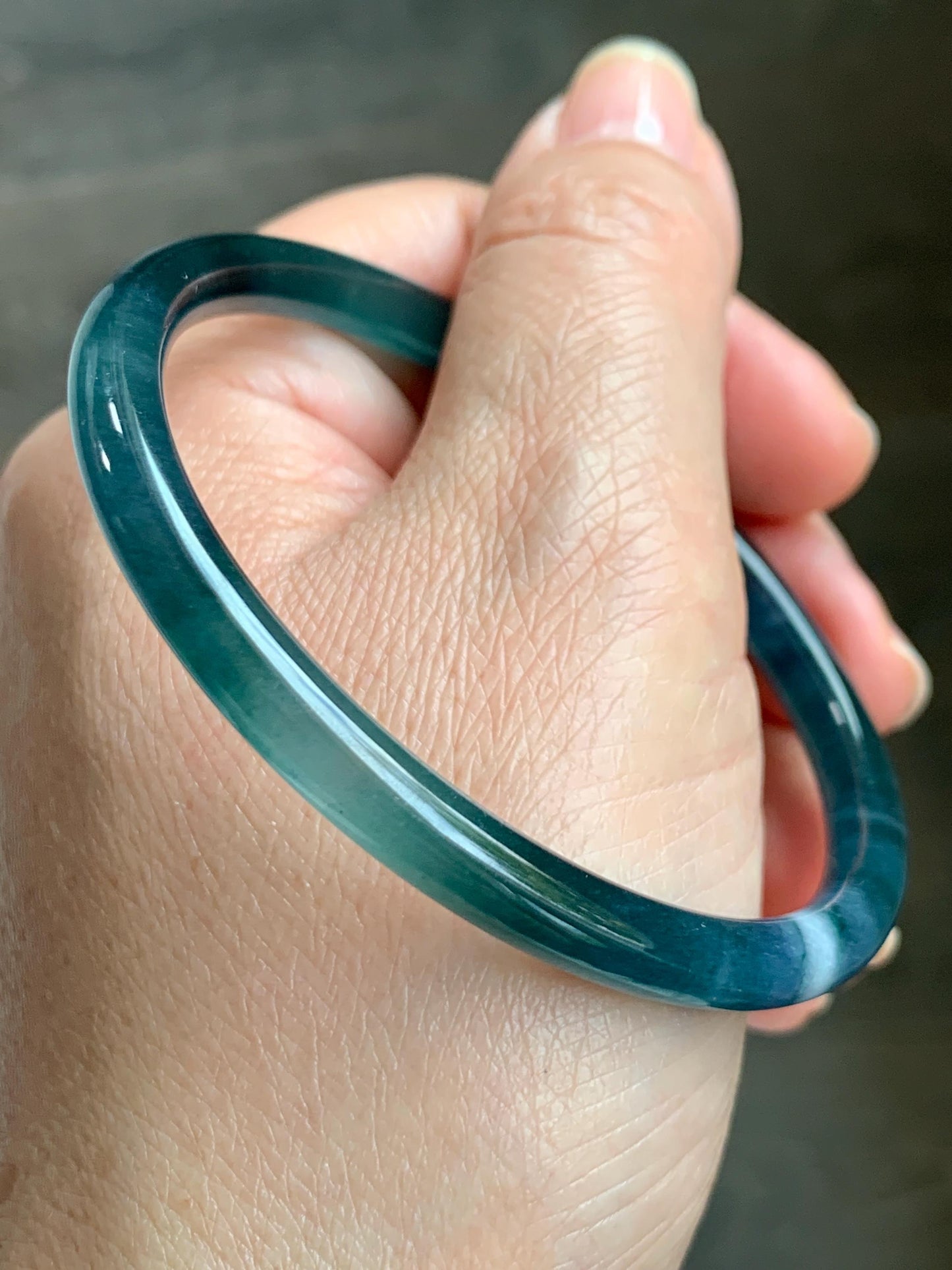 Certified Natural Grade A Guatemalan Icy Translucent Dark Teal Blue Marbled Jade Jadeite Bangle Bracelet 58.25mm 7.2” 天然冰胶危蓝飘花翡翠细圆条手镯 071