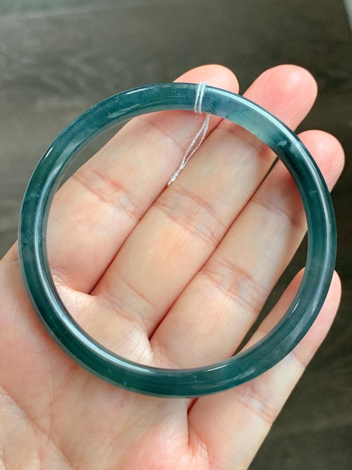 Certified Natural Grade A Guatemalan Icy Translucent Dark Teal Blue Marbled Jade Jadeite Bangle Bracelet 56.28mm 6.95” 天然冰胶危蓝飘花翡翠细圆条手镯 070