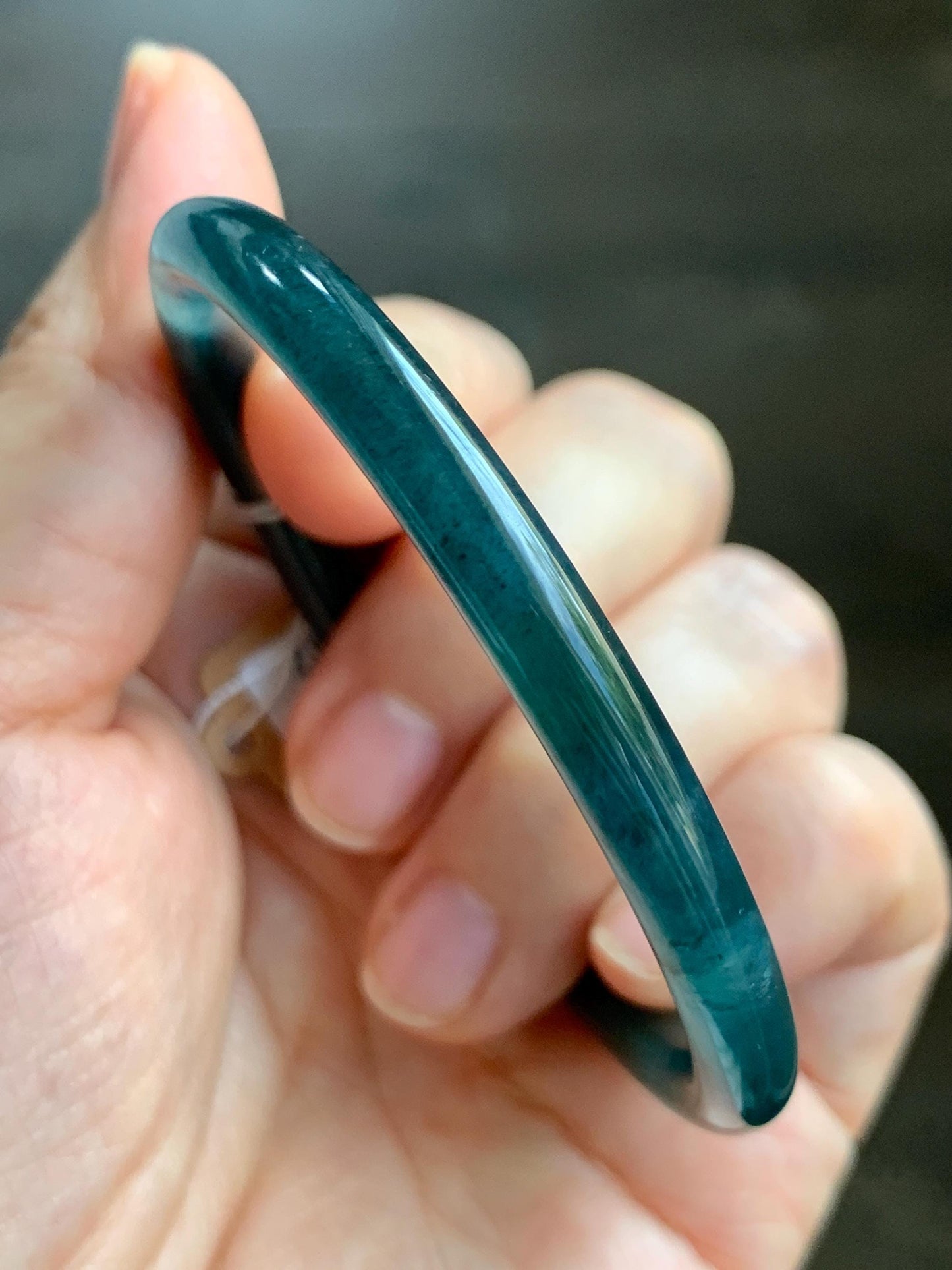 Certified Natural Grade A Guatemalan Icy Translucent Dark Teal Blue Marbled Jade Jadeite Bangle Bracelet 56.28mm 6.95” 天然冰胶危蓝飘花翡翠细圆条手镯 070