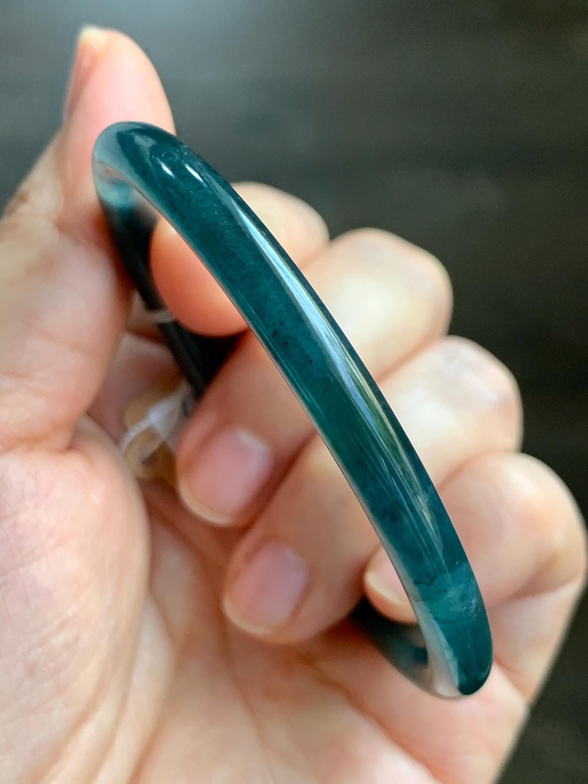 Certified Natural Grade A Guatemalan Icy Translucent Dark Teal Blue Marbled Jade Jadeite Bangle Bracelet 56.28mm 6.95” 天然冰胶危蓝飘花翡翠细圆条手镯 070