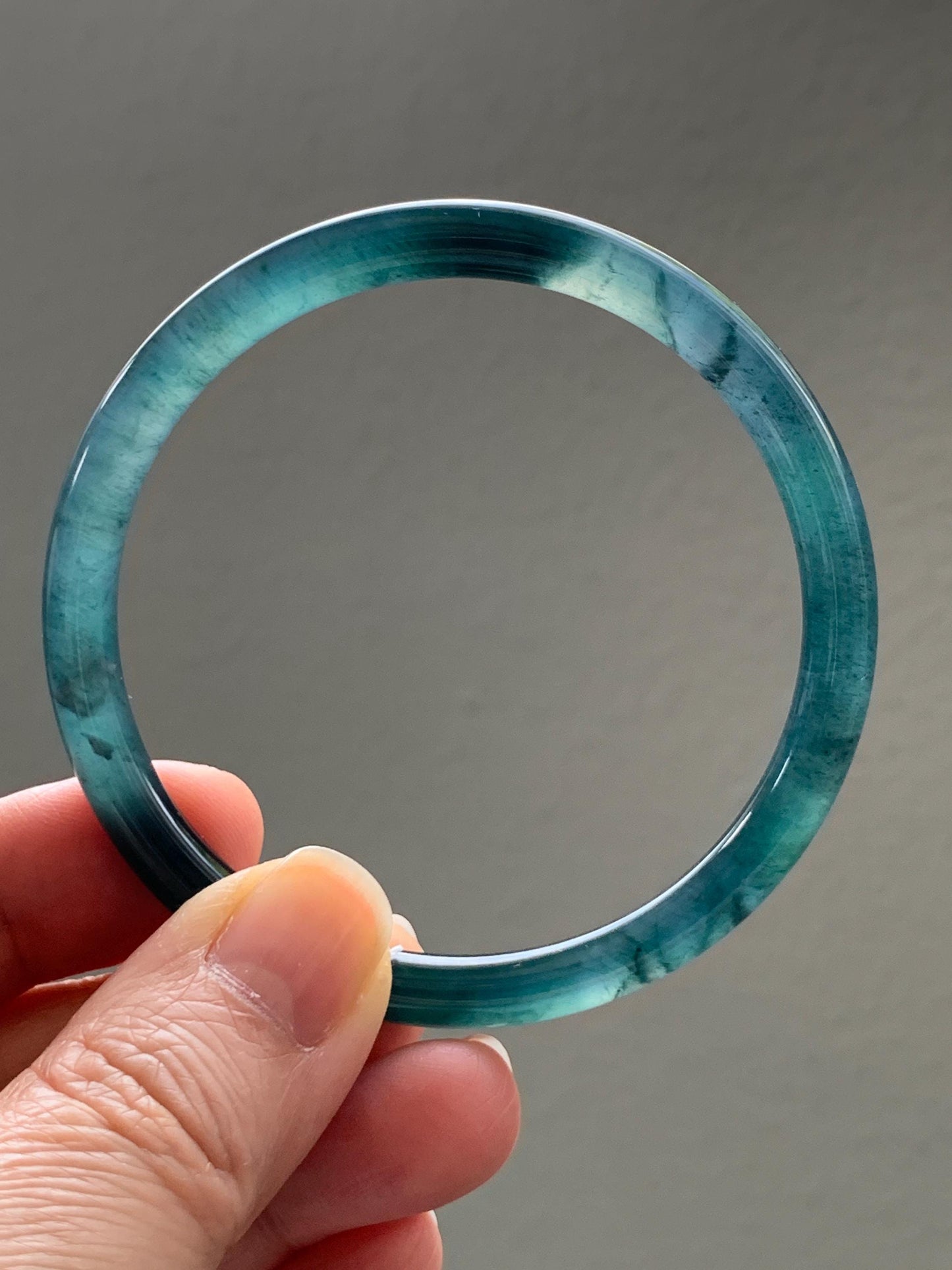 Certified Natural Grade A Guatemalan Icy Translucent Dark Teal Blue Marbled Jade Jadeite Bangle Bracelet 56.28mm 6.95” 天然冰胶危蓝飘花翡翠细圆条手镯 070