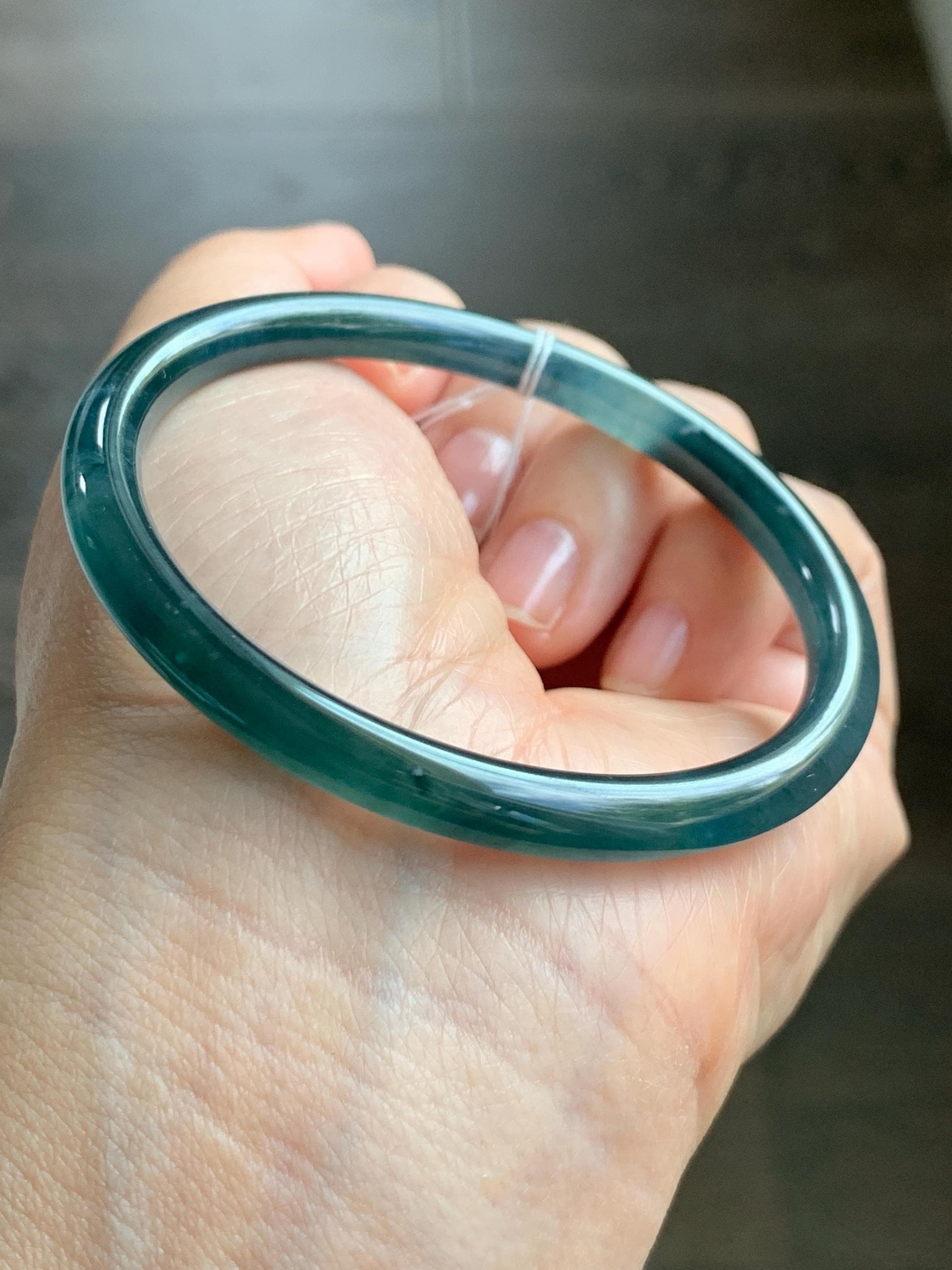 Certified Natural Grade A Guatemalan Icy Translucent Dark Teal Blue Marbled Jade Jadeite Bangle Bracelet 56.28mm 6.95” 天然冰胶危蓝飘花翡翠细圆条手镯 070