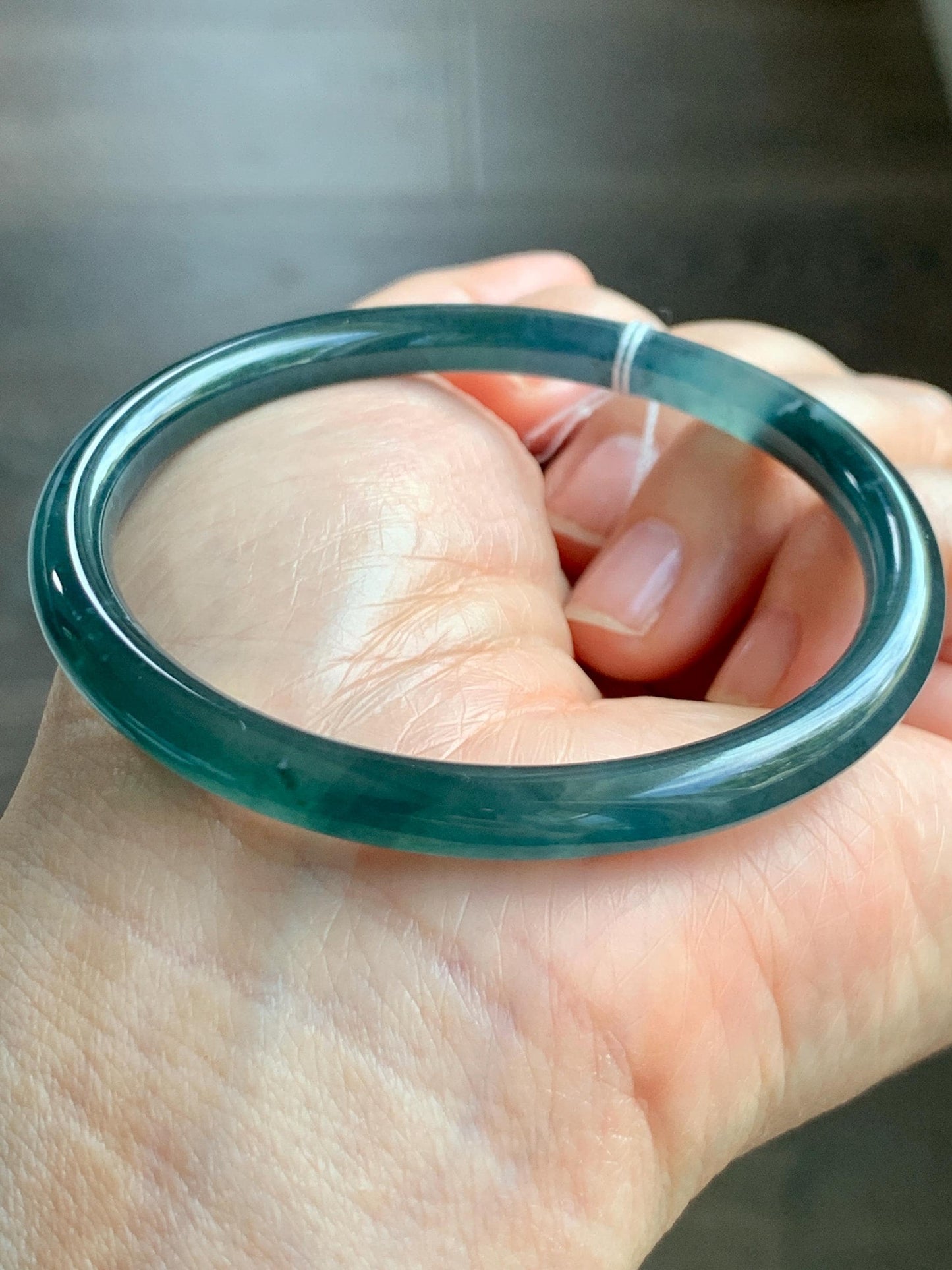 Certified Natural Grade A Guatemalan Icy Translucent Dark Teal Blue Marbled Jade Jadeite Bangle Bracelet 56.28mm 6.95” 天然冰胶危蓝飘花翡翠细圆条手镯 070