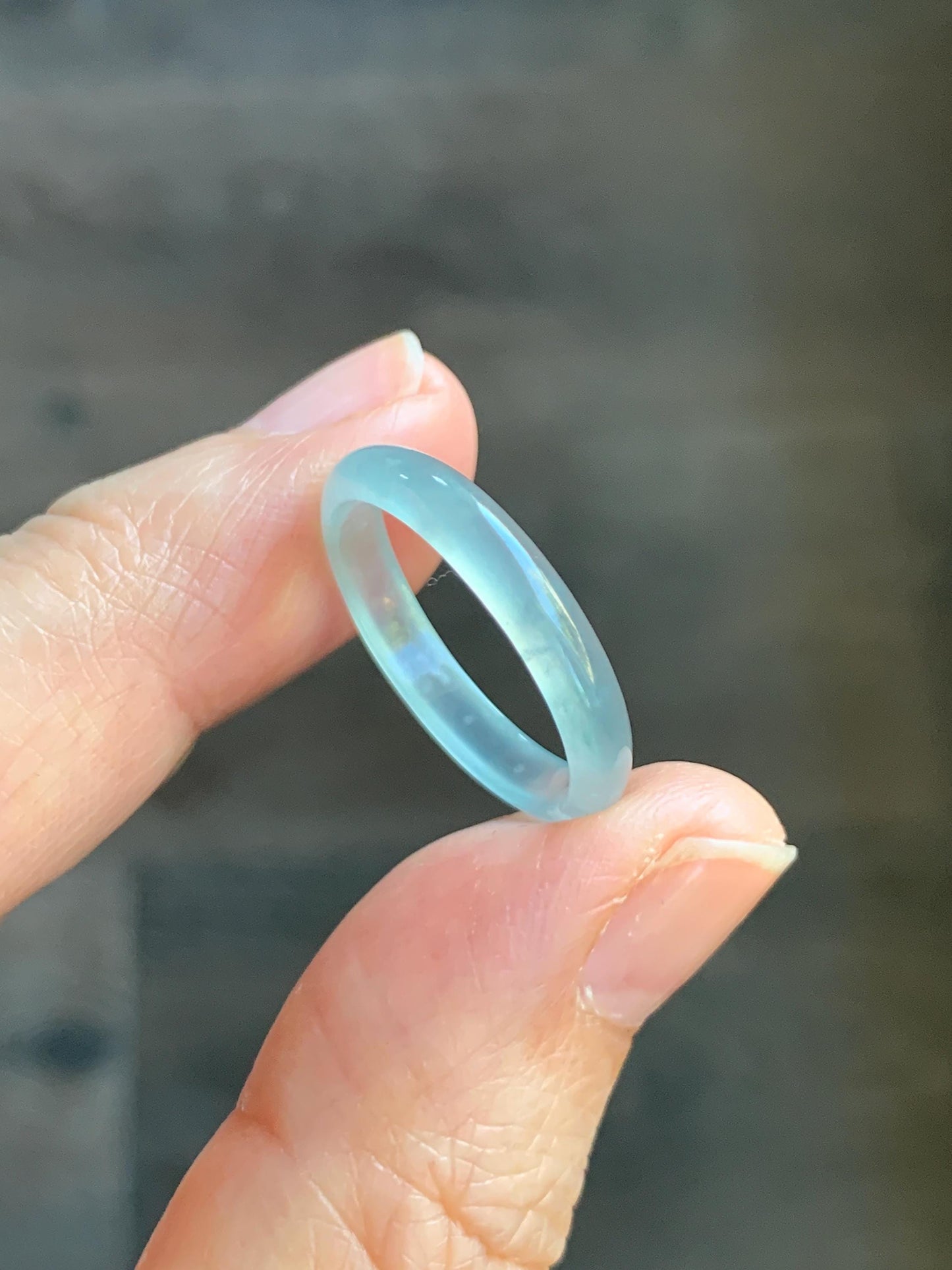 Natural Grade A Guatemalan Icy Highly Translucent Pastel Teal Blue Jade Jadeite Band Ring Size 8.5 US 天然冰危起光浅蓝绿翡翠戒圈 QWZ150F