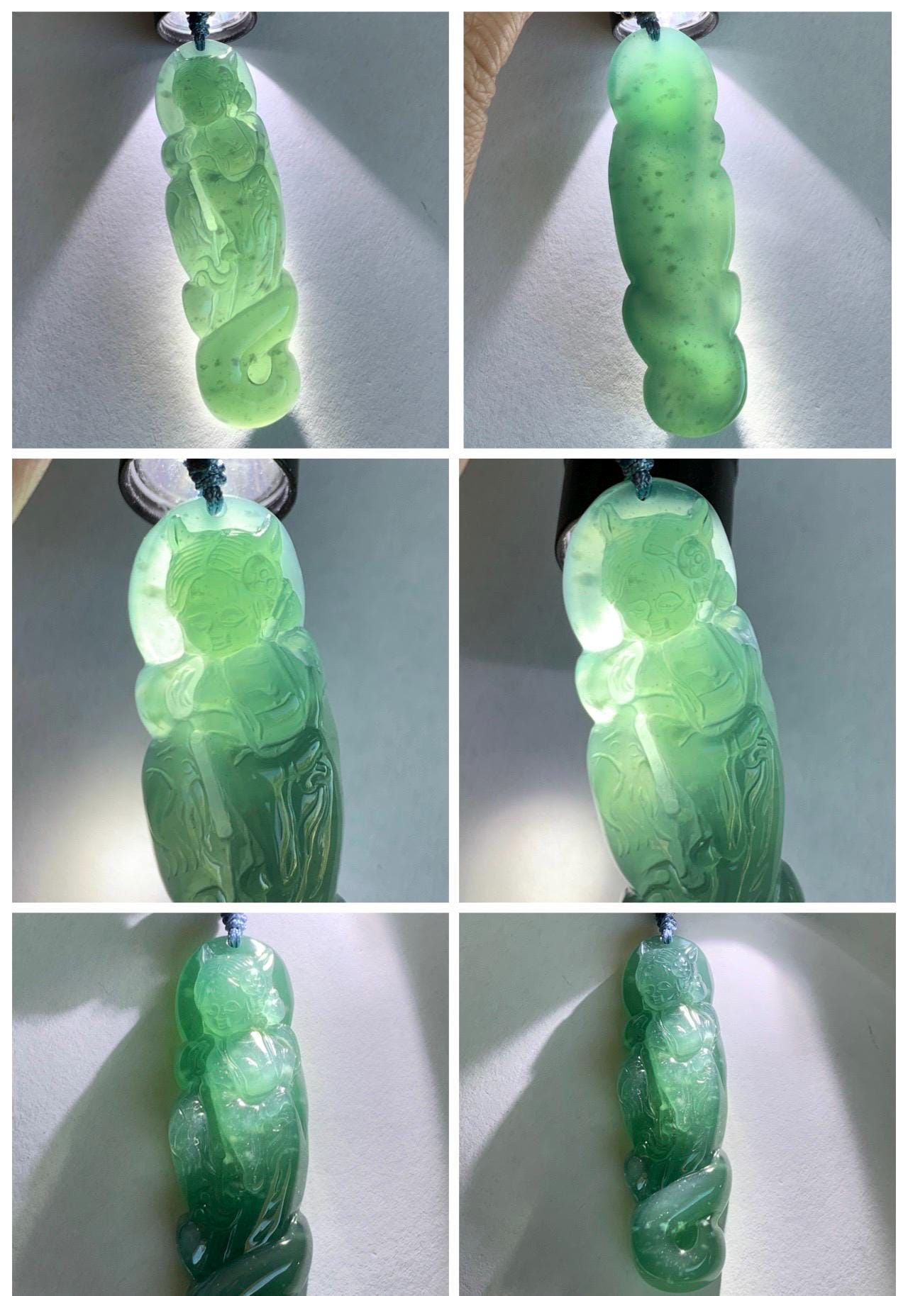 Natural Grade A Guatemalan Icy Translucent Dark Teal Blue Jade Jadeite Fairy Fox Pendant Rope Necklace 27.5” Adjustable 天然冰危深蓝翡翠狐仙吊坠 WHX205