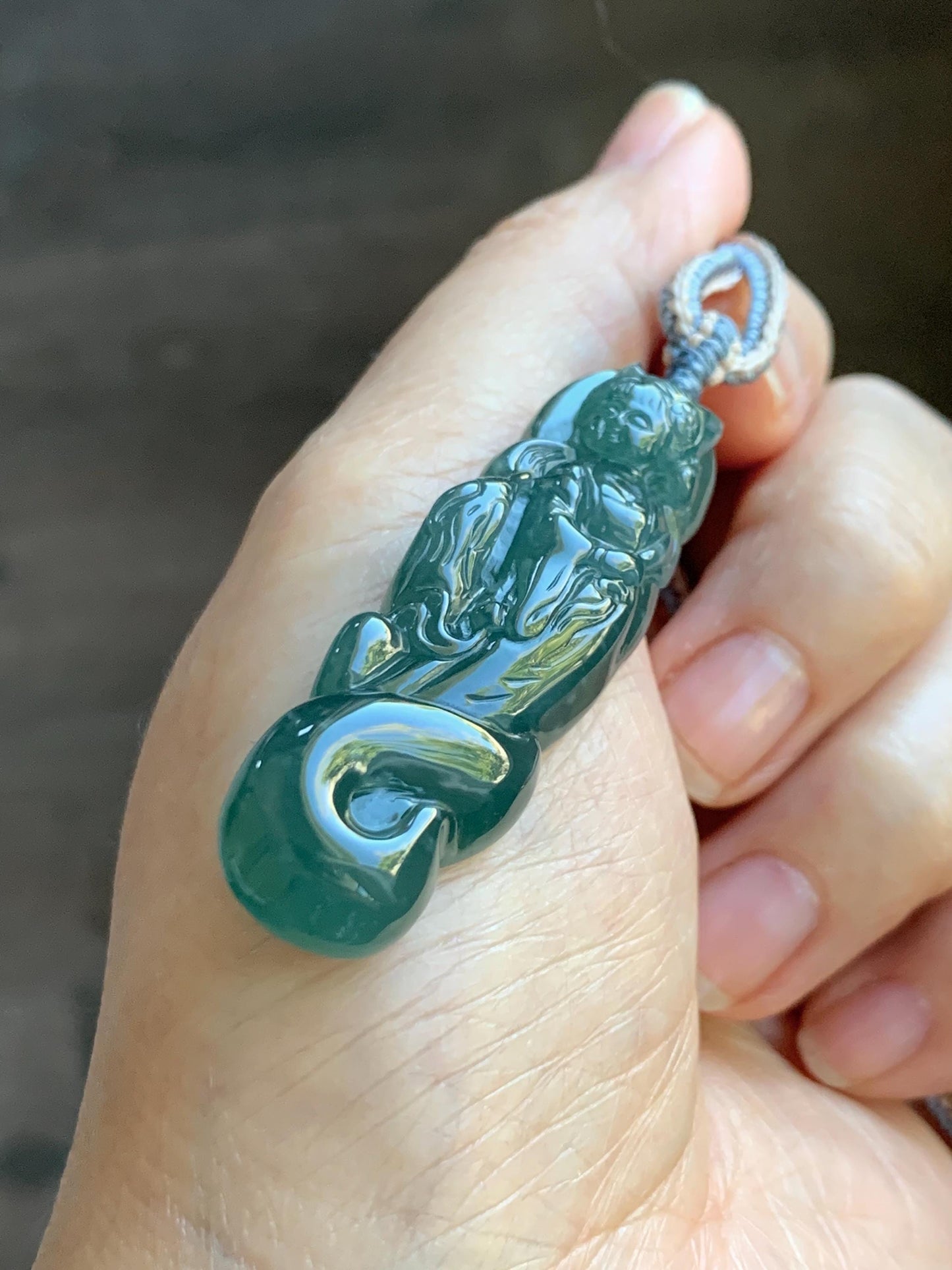 Natural Grade A Guatemalan Icy Translucent Dark Teal Blue Jade Jadeite Fairy Fox Pendant Rope Necklace 27.5” Adjustable 天然冰危深蓝翡翠狐仙吊坠 WHX205