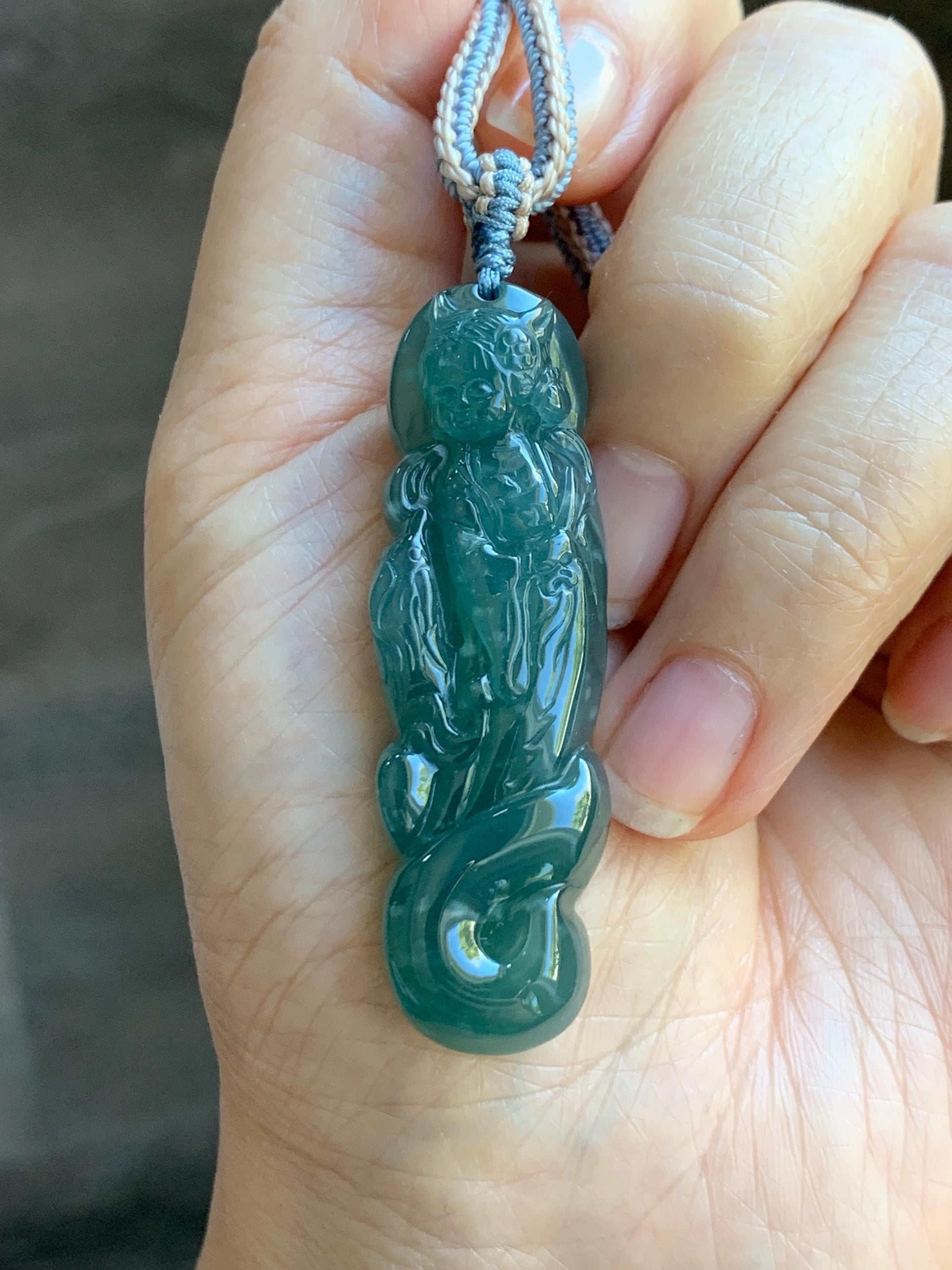 Natural Grade A Guatemalan Icy Translucent Dark Teal Blue Jade Jadeite Fairy Fox Pendant Rope Necklace 27.5” Adjustable 天然冰危深蓝翡翠狐仙吊坠 WHX205
