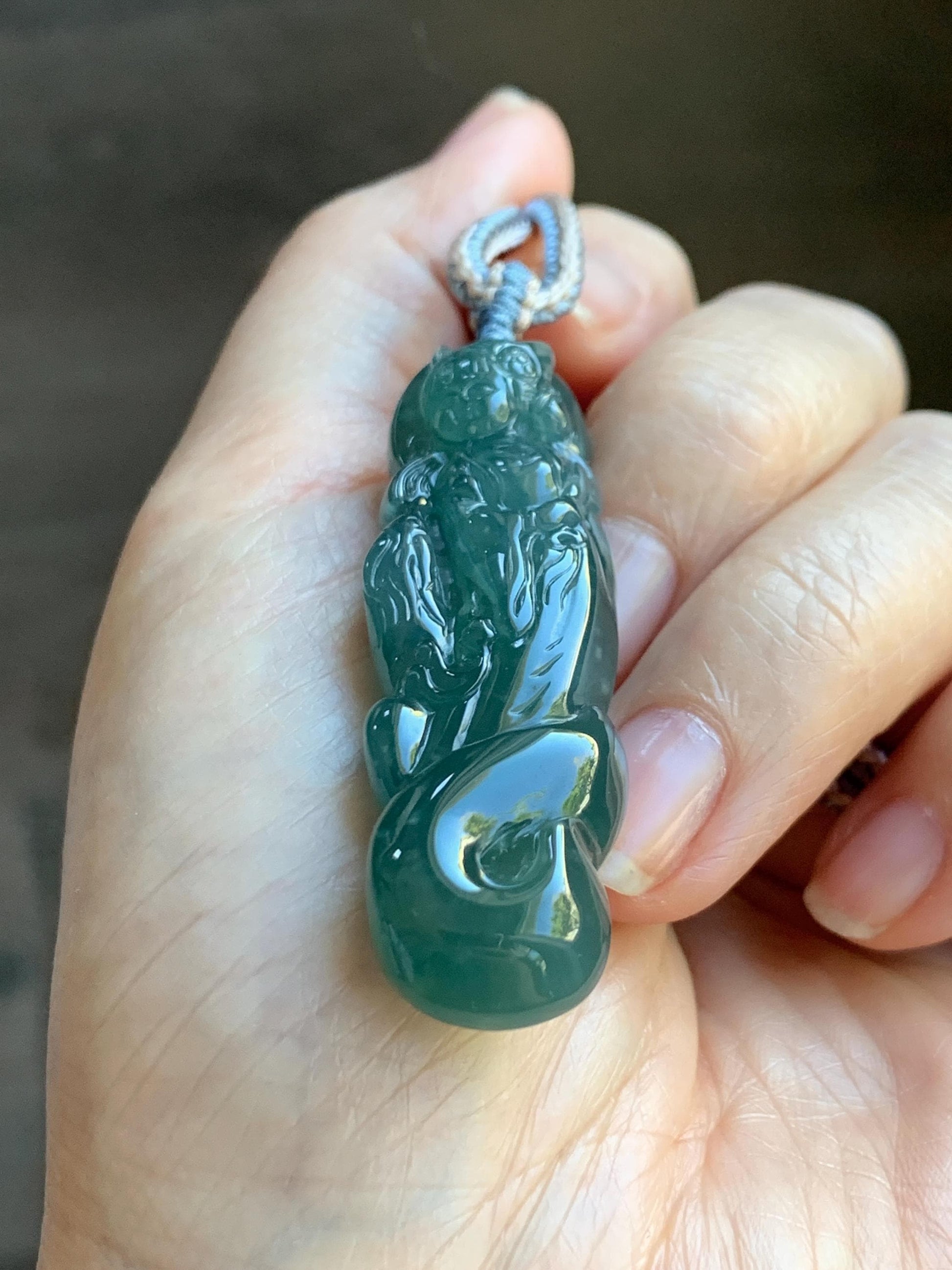 Natural Grade A Guatemalan Icy Translucent Dark Teal Blue Jade Jadeite Fairy Fox Pendant Rope Necklace 27.5” Adjustable 天然冰危深蓝翡翠狐仙吊坠 WHX205