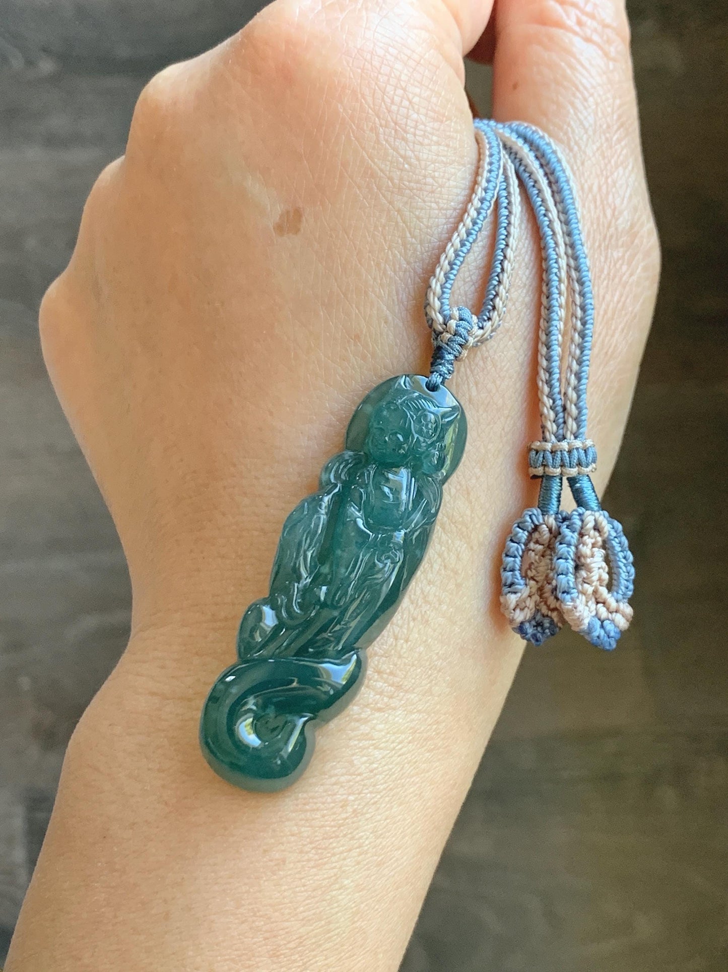 Natural Grade A Guatemalan Icy Translucent Dark Teal Blue Jade Jadeite Fairy Fox Pendant Rope Necklace 27.5” Adjustable 天然冰危深蓝翡翠狐仙吊坠 WHX205