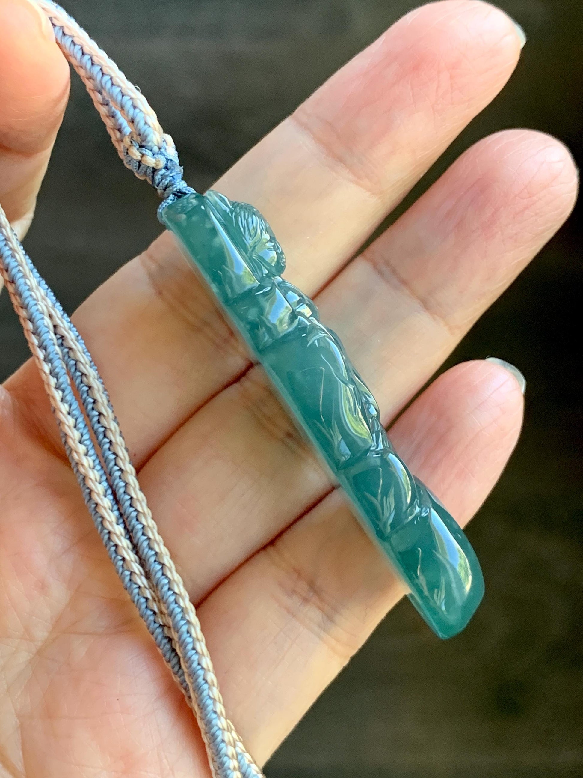 Natural Grade A Guatemalan Icy Translucent Dark Teal Blue Jade Jadeite Fairy Fox Pendant Rope Necklace 27.5” Adjustable 天然冰危深蓝翡翠狐仙吊坠 WHX205