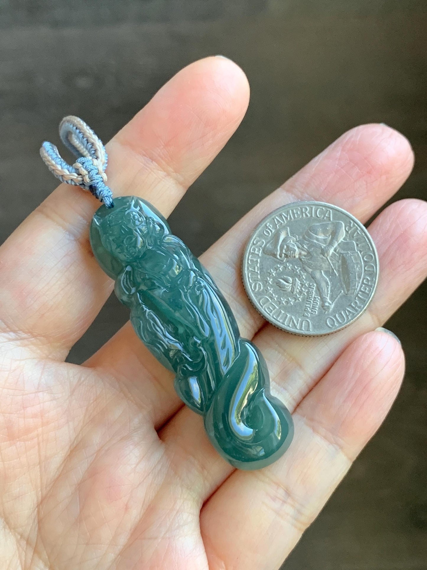Natural Grade A Guatemalan Icy Translucent Dark Teal Blue Jade Jadeite Fairy Fox Pendant Rope Necklace 27.5” Adjustable 天然冰危深蓝翡翠狐仙吊坠 WHX205