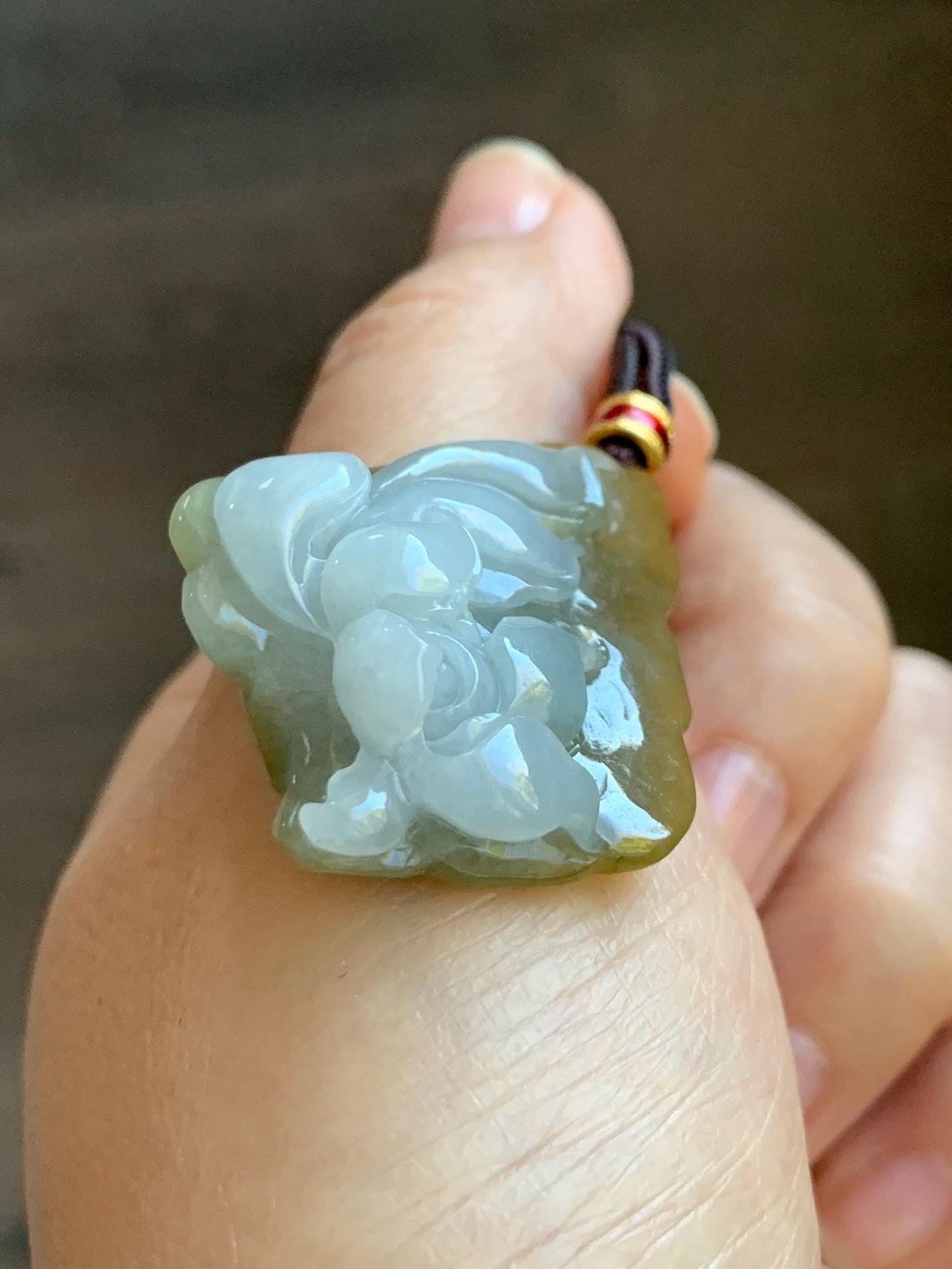 Natural Grade A Icy Translucent White Yellow Bicolored Jade Jadeite w/ Rind Lotus Flower Pendant Rope Necklace 27” 15g 天然冰胶油黄皮翡翠莲花牌项链 MSS280