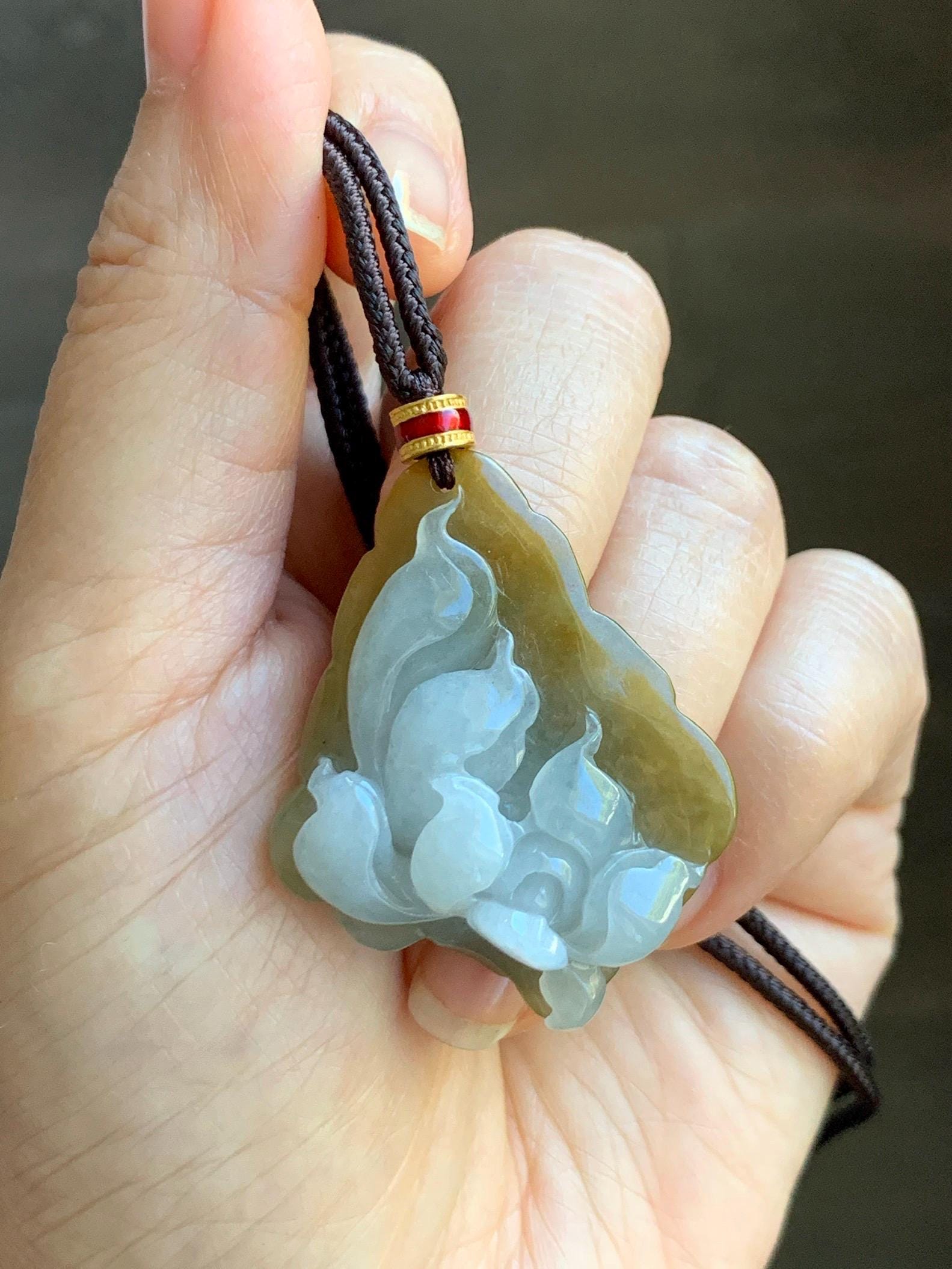 Natural Grade A Icy Translucent White Yellow Bicolored Jade Jadeite w/ Rind Lotus Flower Pendant Rope Necklace 27” 15g 天然冰胶油黄皮翡翠莲花牌项链 MSS280
