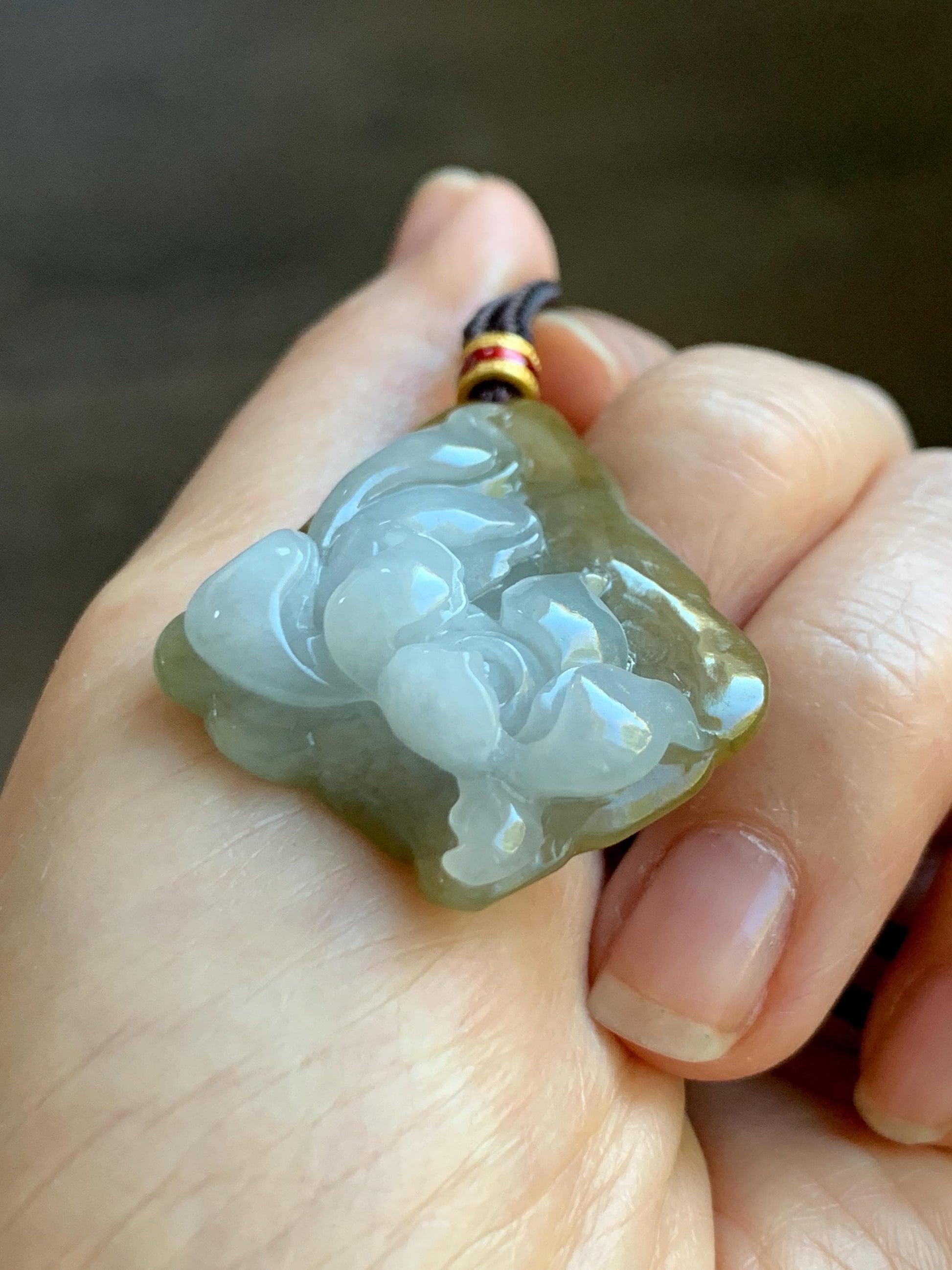 Natural Grade A Icy Translucent White Yellow Bicolored Jade Jadeite w/ Rind Lotus Flower Pendant Rope Necklace 27” 15g 天然冰胶油黄皮翡翠莲花牌项链 MSS280