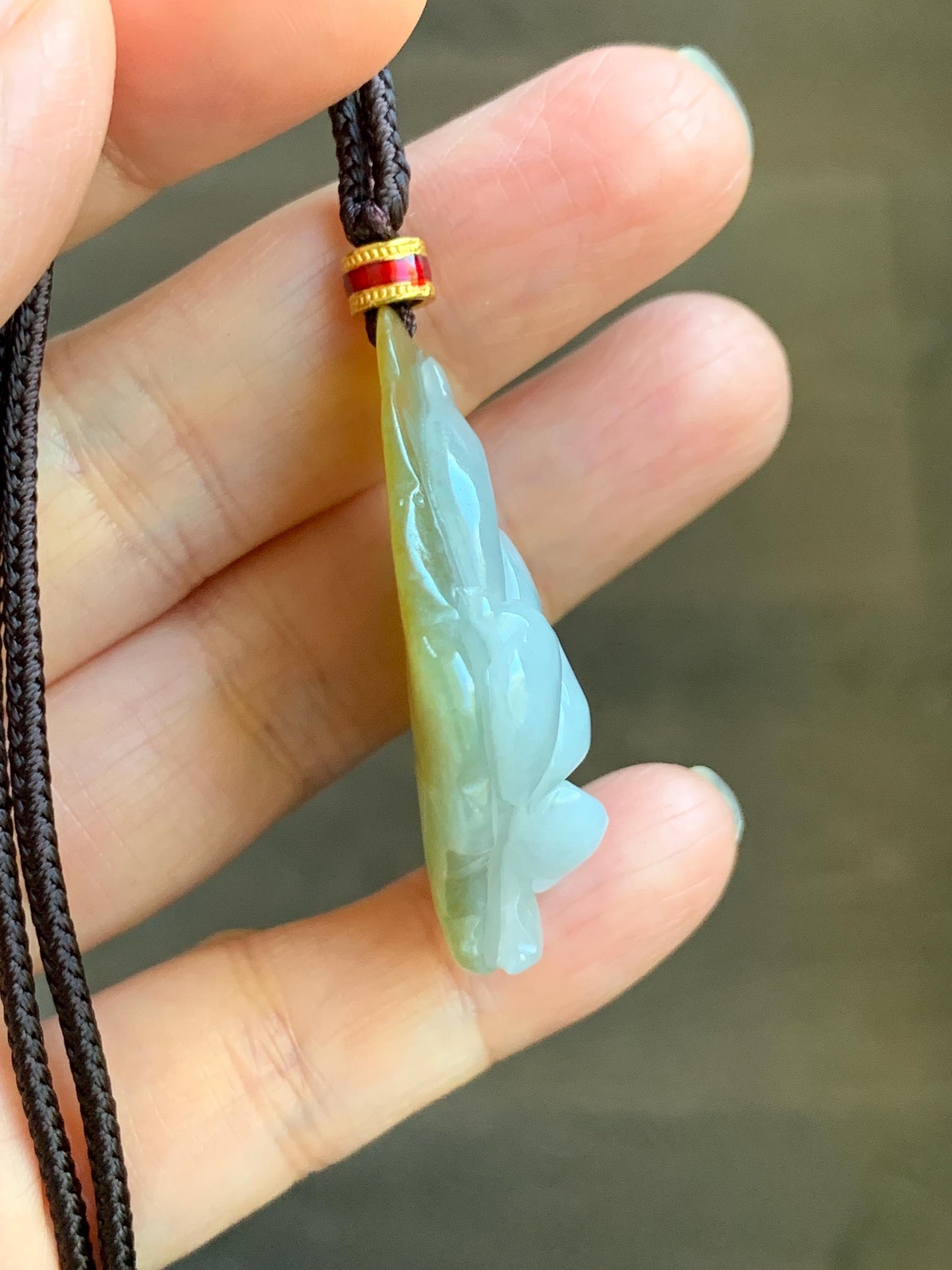 Natural Grade A Icy Translucent White Yellow Bicolored Jade Jadeite w/ Rind Lotus Flower Pendant Rope Necklace 27” 15g 天然冰胶油黄皮翡翠莲花牌项链 MSS280