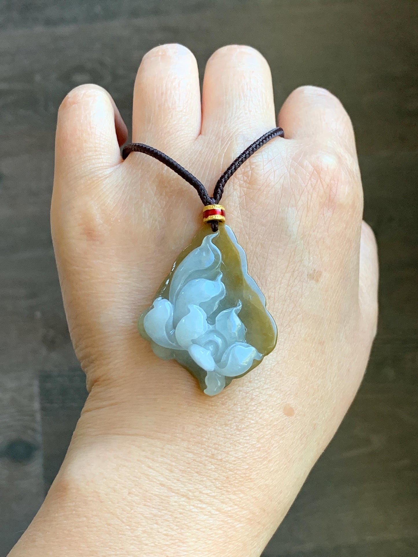 Natural Grade A Icy Translucent White Yellow Bicolored Jade Jadeite w/ Rind Lotus Flower Pendant Rope Necklace 27” 15g 天然冰胶油黄皮翡翠莲花牌项链 MSS280
