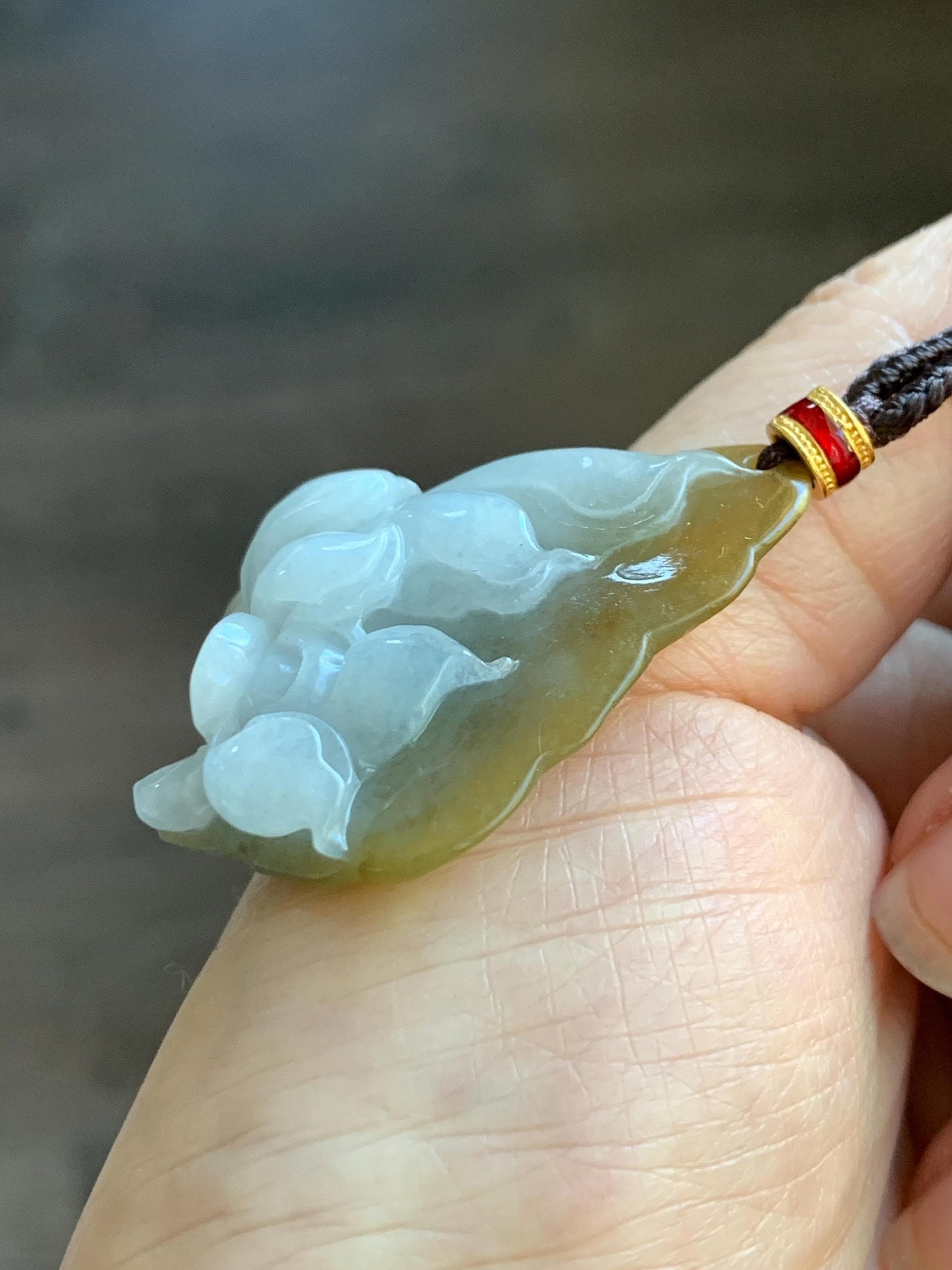 Natural Grade A Icy Translucent White Yellow Bicolored Jade Jadeite w/ Rind Lotus Flower Pendant Rope Necklace 27” 15g 天然冰胶油黄皮翡翠莲花牌项链 MSS280