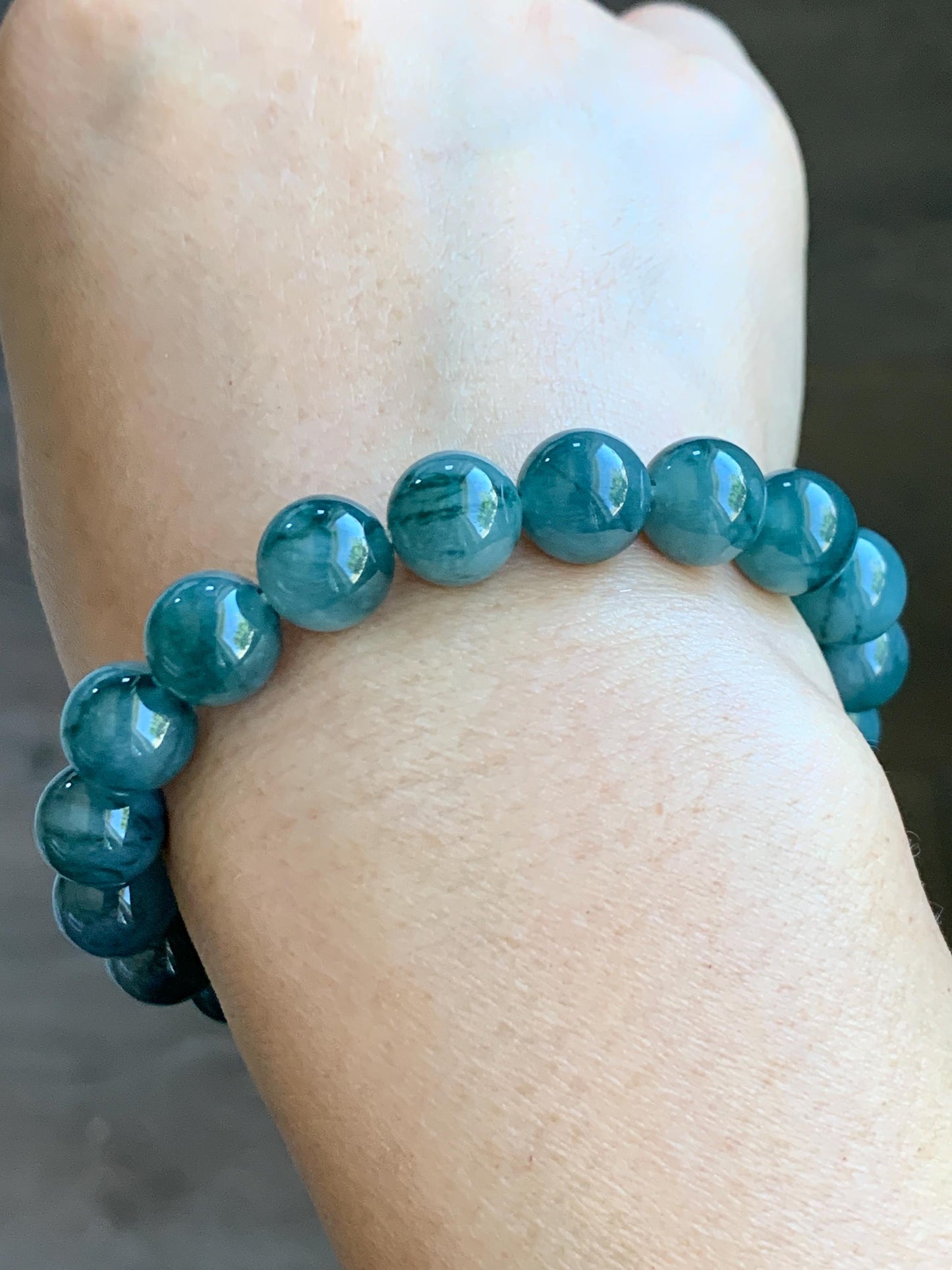 Natural Grade A Guatemalan Icy Translucent Dark Green Marbled Jade Jadeite Beaded Bracelet Stretchy 9.7mm 7.25” 32g 天然冰危飘绿花翡翠圆珠手串 WPH168