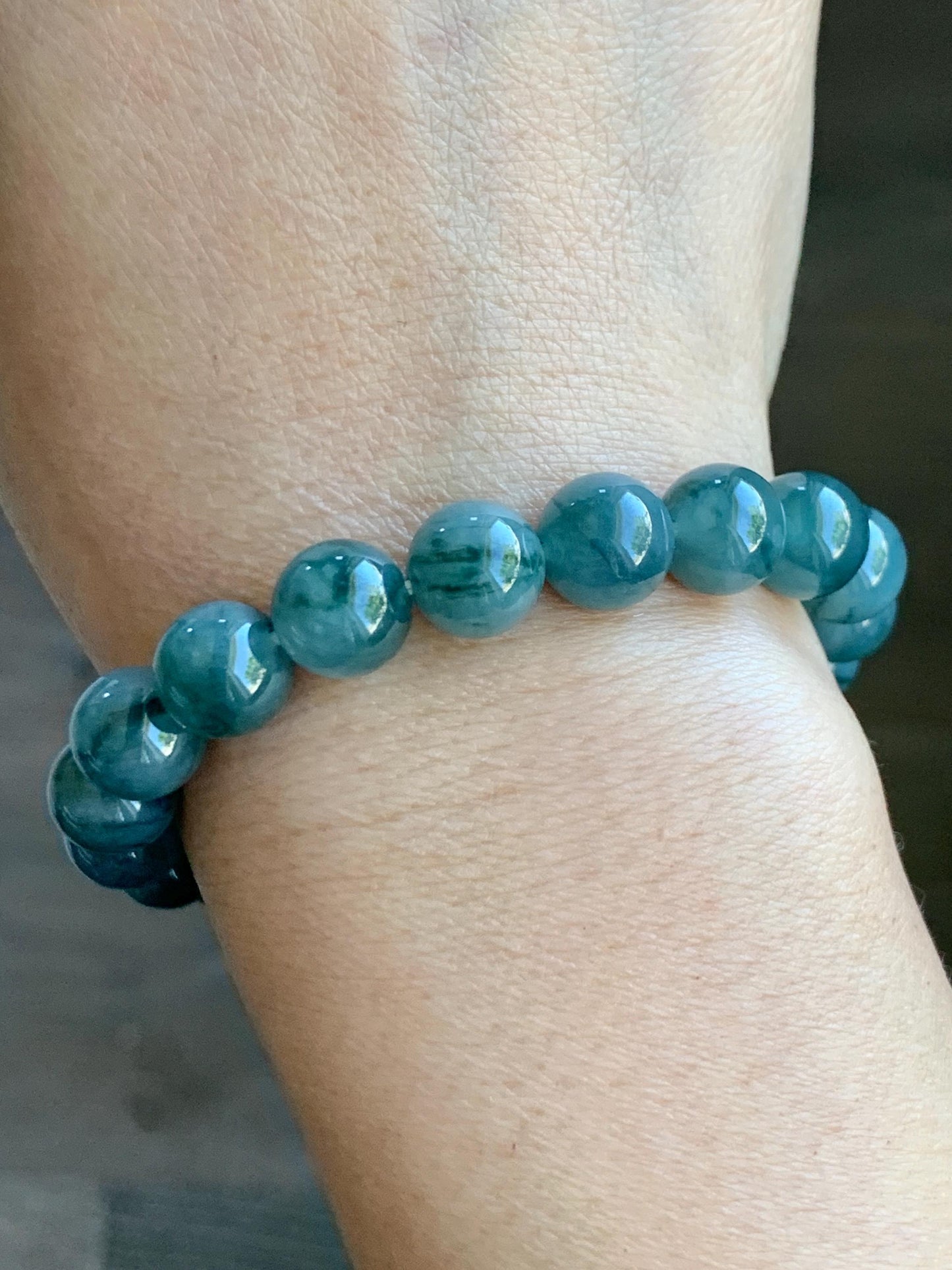 Natural Grade A Guatemalan Icy Translucent Dark Green Marbled Jade Jadeite Beaded Bracelet Stretchy 9.7mm 7.25” 32g 天然冰危飘绿花翡翠圆珠手串 WPH168
