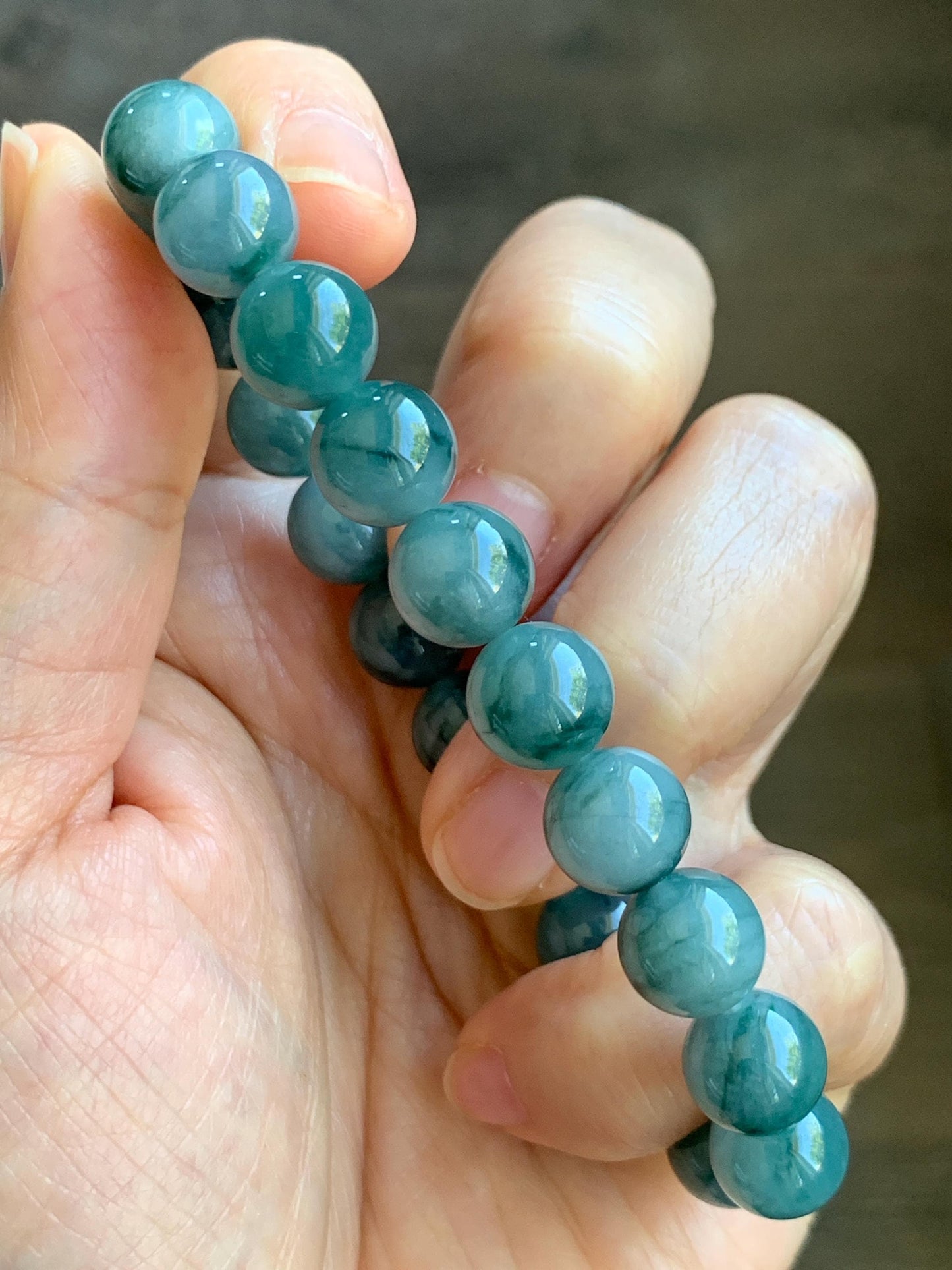 Natural Grade A Guatemalan Icy Translucent Dark Green Marbled Jade Jadeite Beaded Bracelet Stretchy 9.7mm 7.25” 32g 天然冰危飘绿花翡翠圆珠手串 WPH168