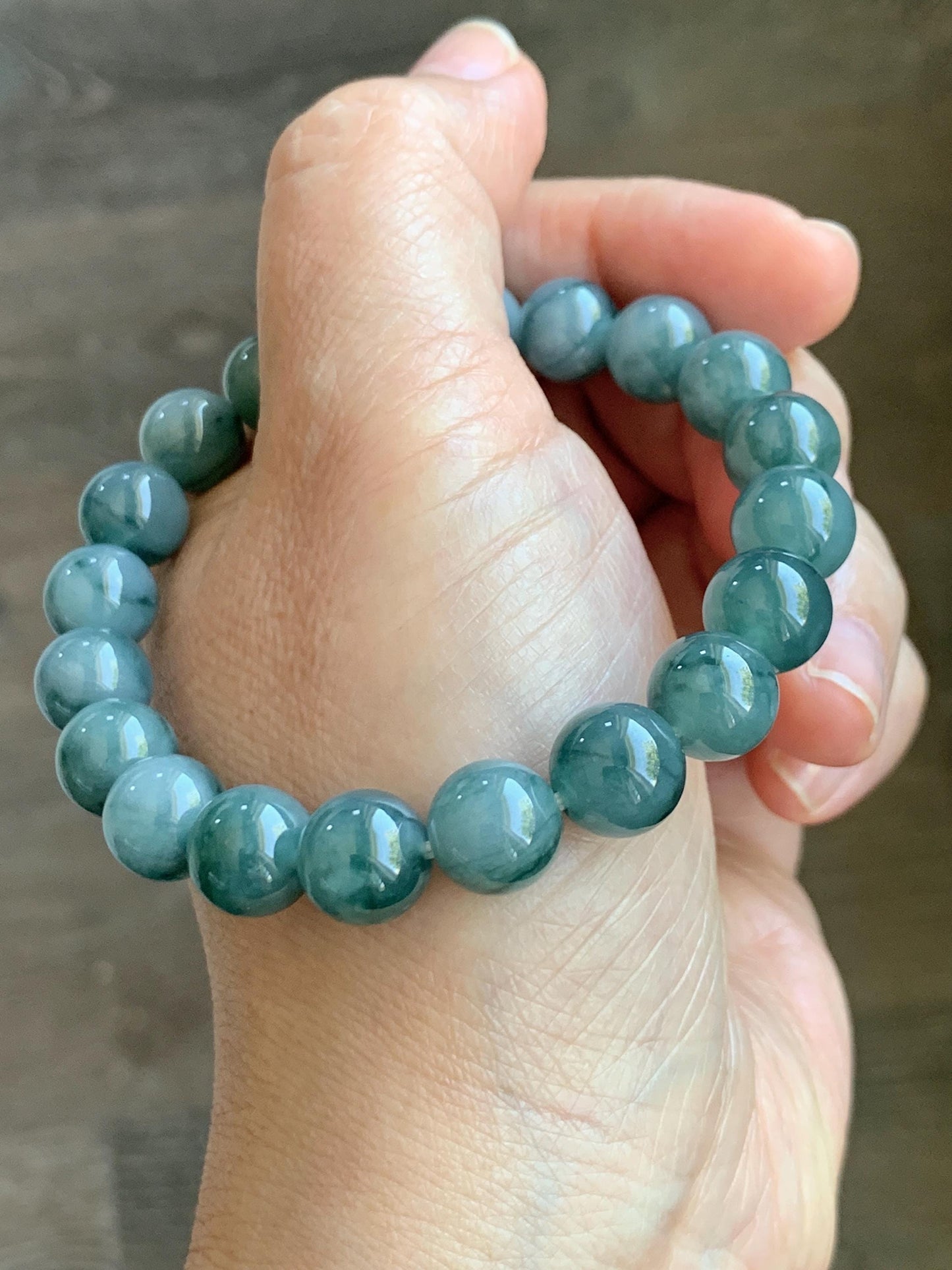 Natural Grade A Guatemalan Icy Translucent Dark Green Marbled Jade Jadeite Beaded Bracelet Stretchy 9.7mm 7.25” 32g 天然冰危飘绿花翡翠圆珠手串 WPH168