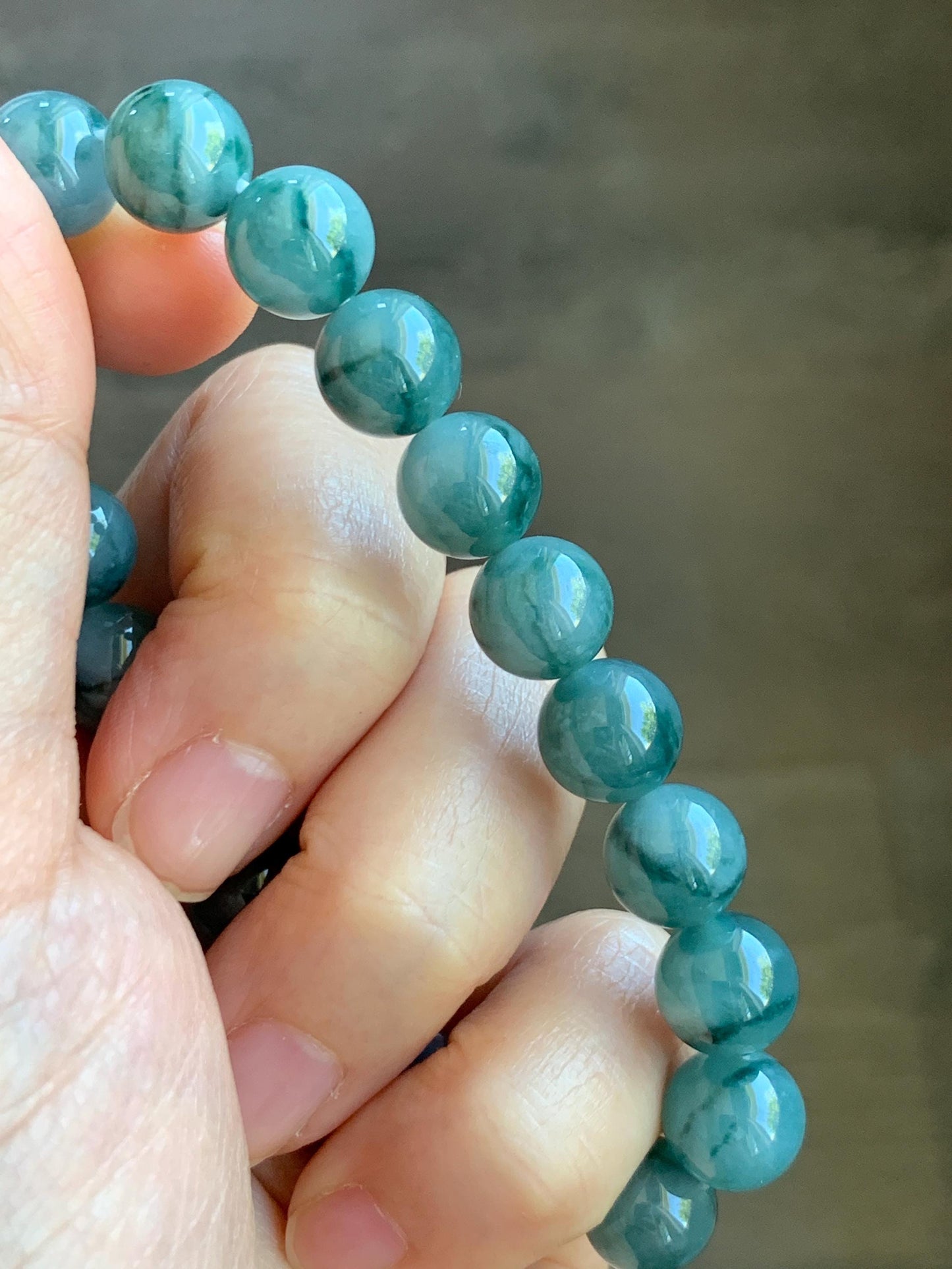 Natural Grade A Guatemalan Icy Translucent Dark Green Marbled Jade Jadeite Beaded Bracelet Stretchy 9.7mm 7.25” 32g 天然冰危飘绿花翡翠圆珠手串 WPH168