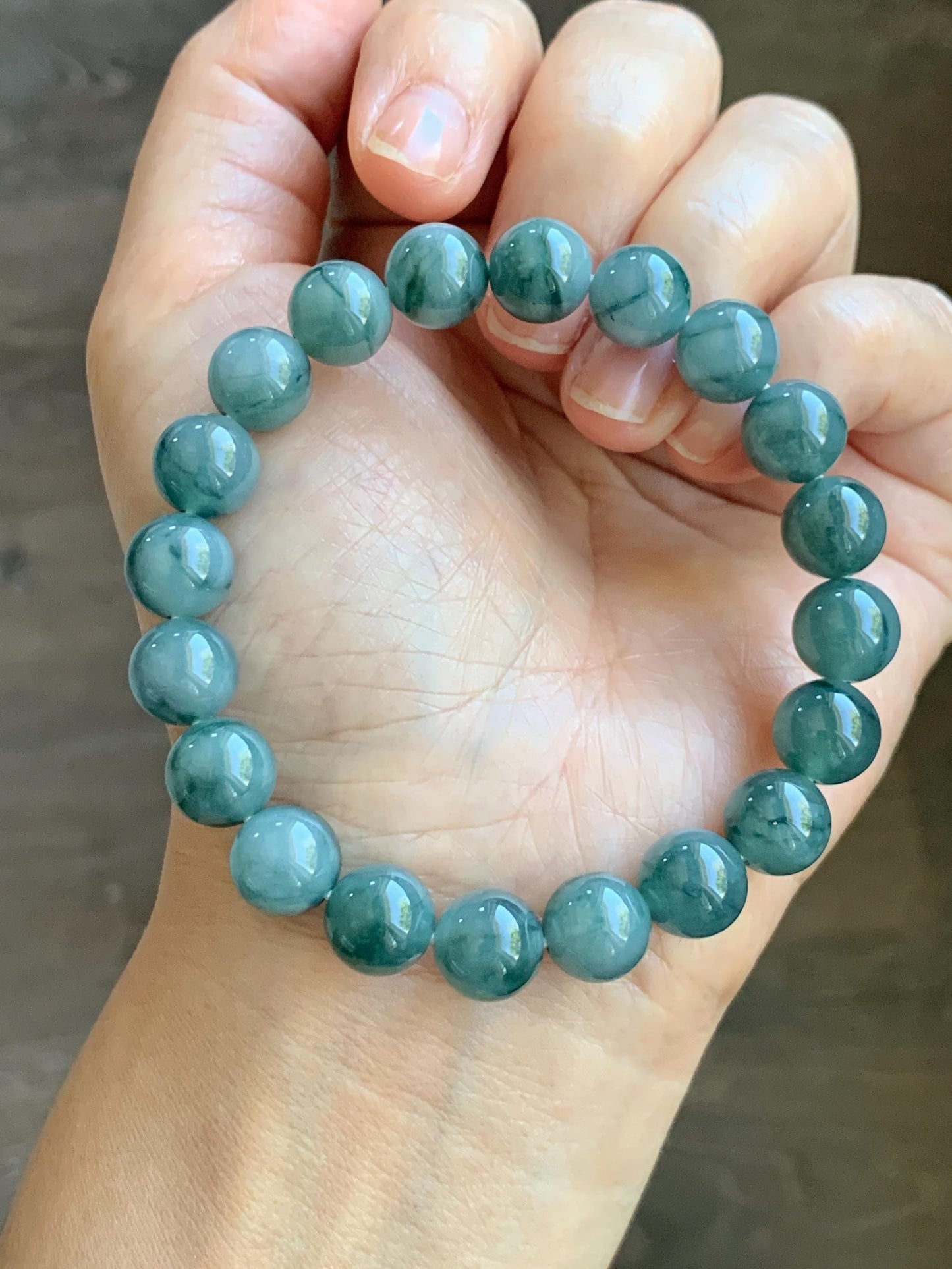 Natural Grade A Guatemalan Icy Translucent Dark Green Marbled Jade Jadeite Beaded Bracelet Stretchy 9.7mm 7.25” 32g 天然冰危飘绿花翡翠圆珠手串 WPH168