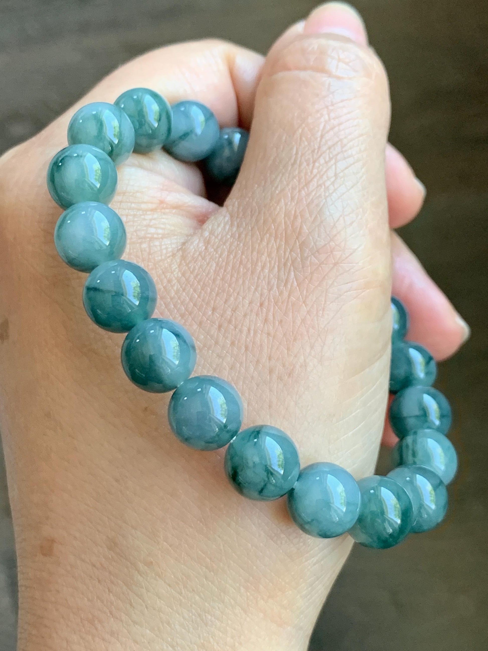 Natural Grade A Guatemalan Icy Translucent Dark Green Marbled Jade Jadeite Beaded Bracelet Stretchy 9.7mm 7.25” 32g 天然冰危飘绿花翡翠圆珠手串 WPH168