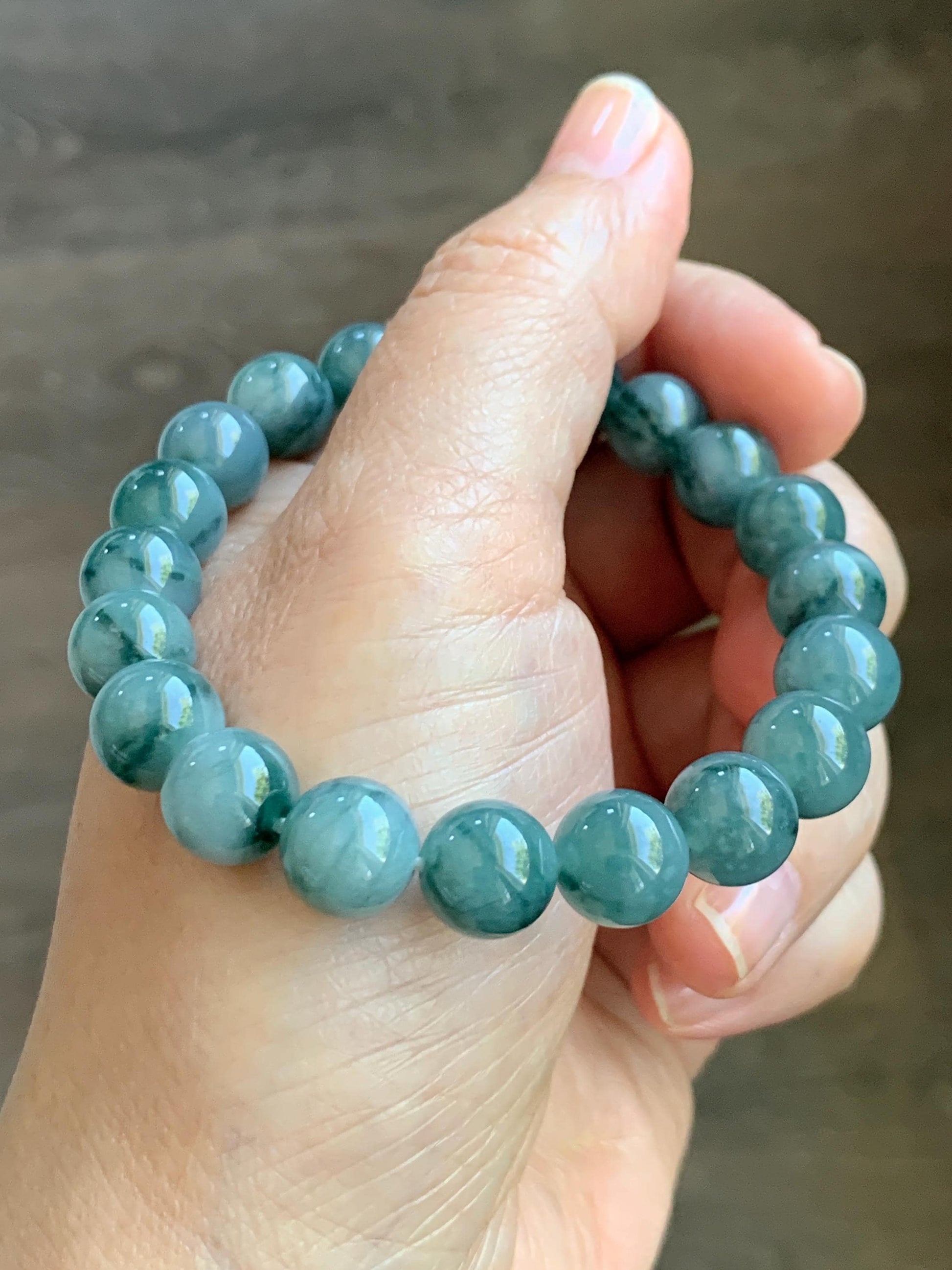 Natural Grade A Guatemalan Icy Translucent Dark Green Marbled Jade Jadeite Beaded Bracelet Stretchy 9.7mm 7.25” 32g 天然冰危飘绿花翡翠圆珠手串 WPH168