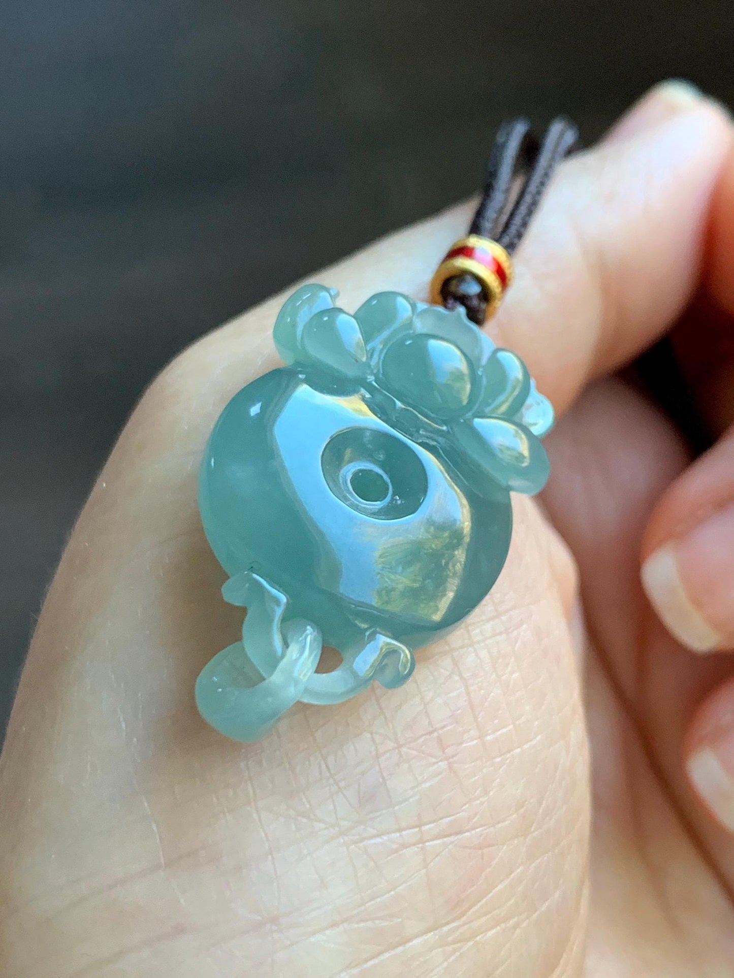 Natural Grade A Guatemalan Icy Translucent Light Teal Blue Jade Jadeite Lotus Ping An Kou Donut Pendant Rope Necklace 天然冰危蓝翡翠莲花平安扣吊坠 WLPK220