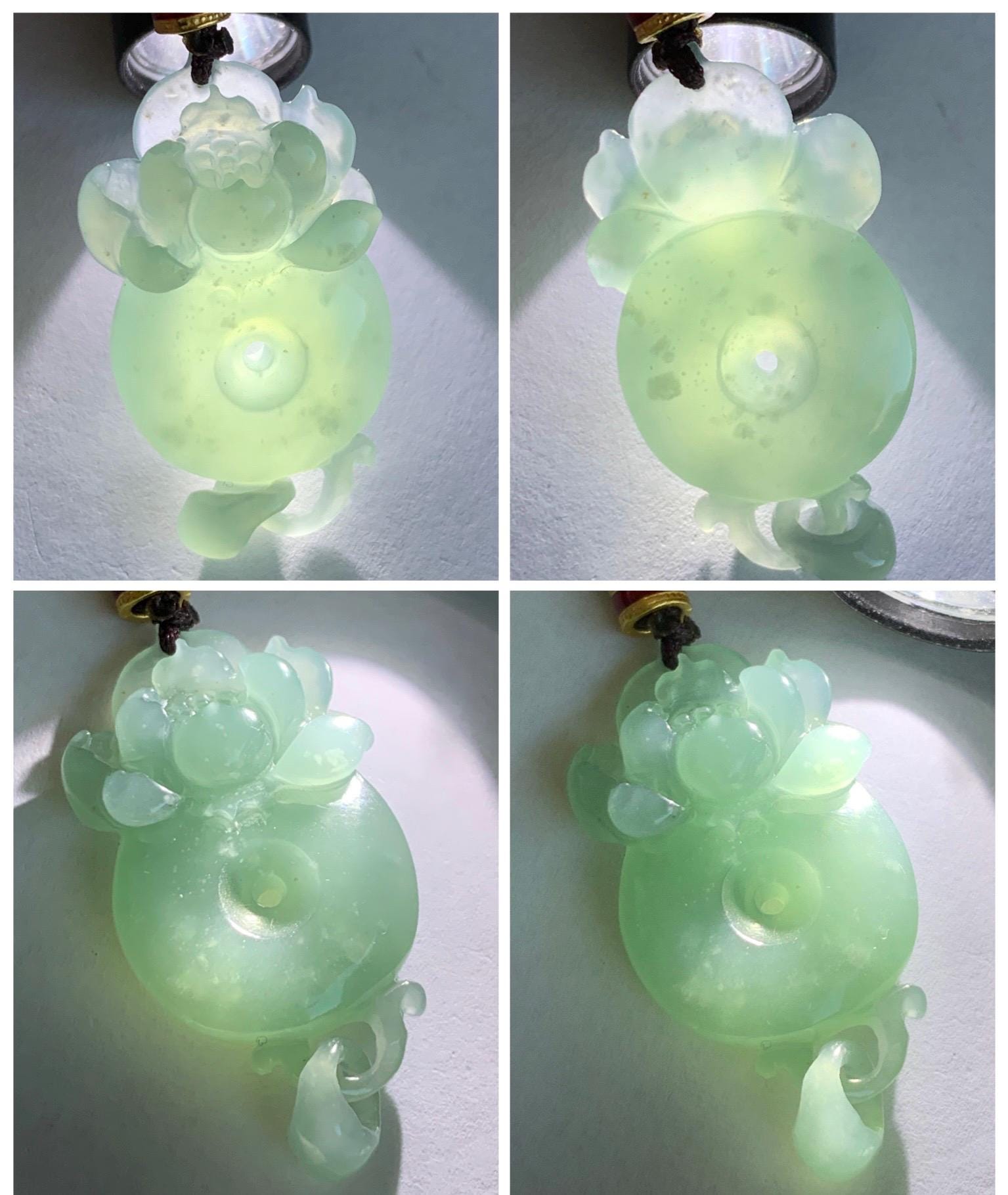 Natural Grade A Guatemalan Icy Translucent Light Teal Blue Jade Jadeite Lotus Ping An Kou Donut Pendant Rope Necklace 天然冰危蓝翡翠莲花平安扣吊坠 WLPK220