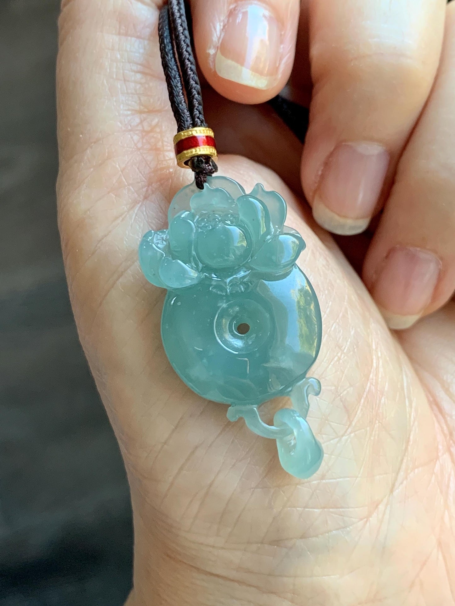 Natural Grade A Guatemalan Icy Translucent Light Teal Blue Jade Jadeite Lotus Ping An Kou Donut Pendant Rope Necklace 天然冰危蓝翡翠莲花平安扣吊坠 WLPK220