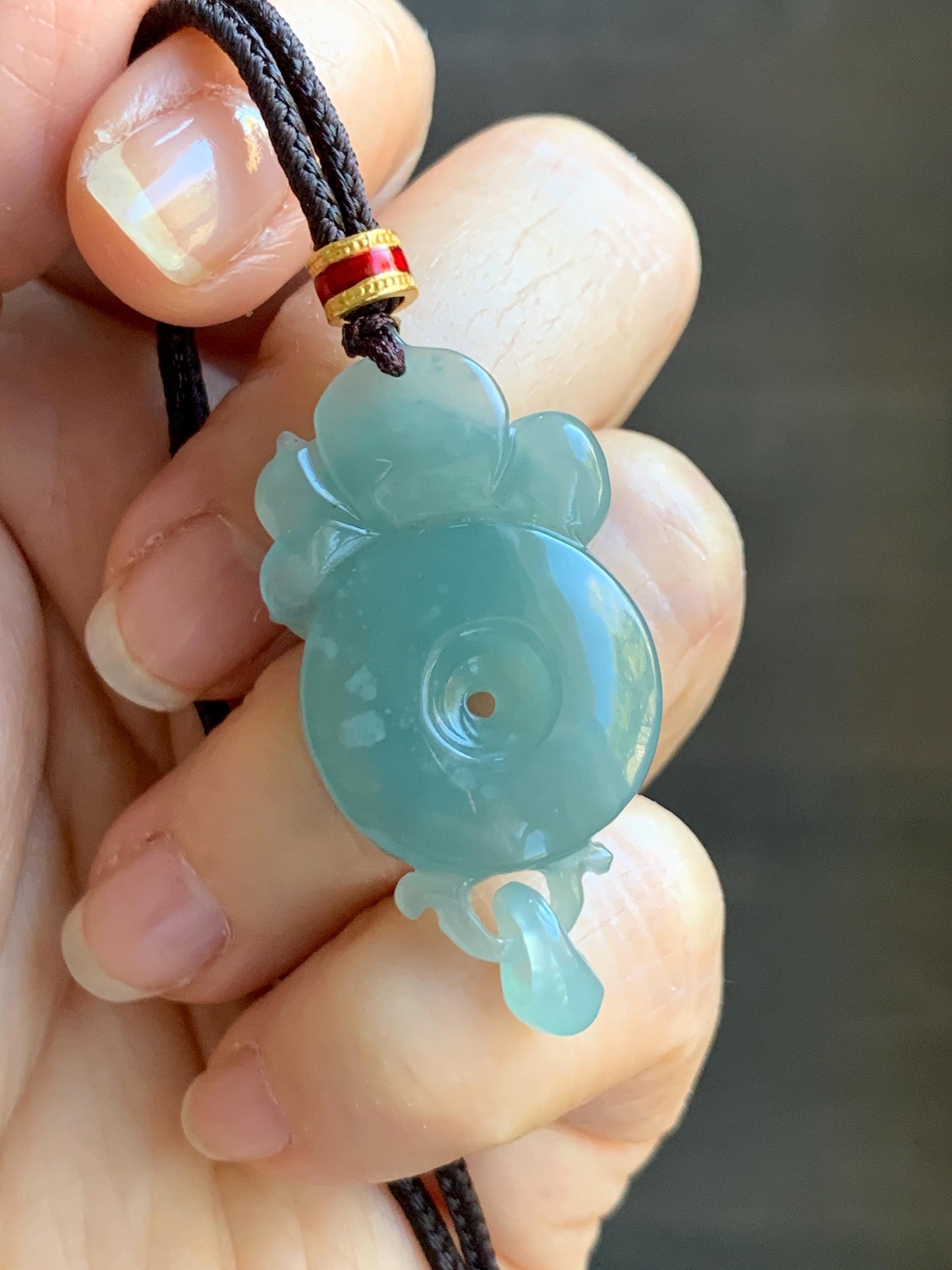 Natural Grade A Guatemalan Icy Translucent Light Teal Blue Jade Jadeite Lotus Ping An Kou Donut Pendant Rope Necklace 天然冰危蓝翡翠莲花平安扣吊坠 WLPK220