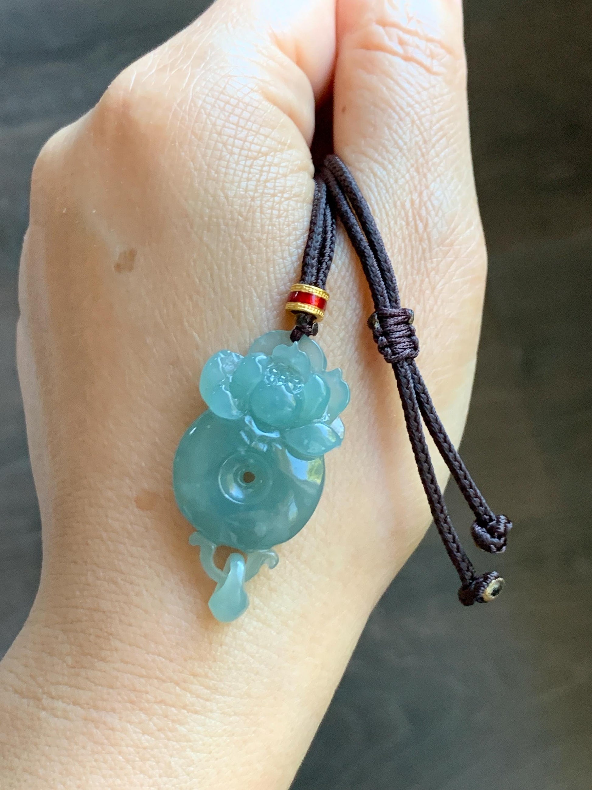 Natural Grade A Guatemalan Icy Translucent Light Teal Blue Jade Jadeite Lotus Ping An Kou Donut Pendant Rope Necklace 天然冰危蓝翡翠莲花平安扣吊坠 WLPK220