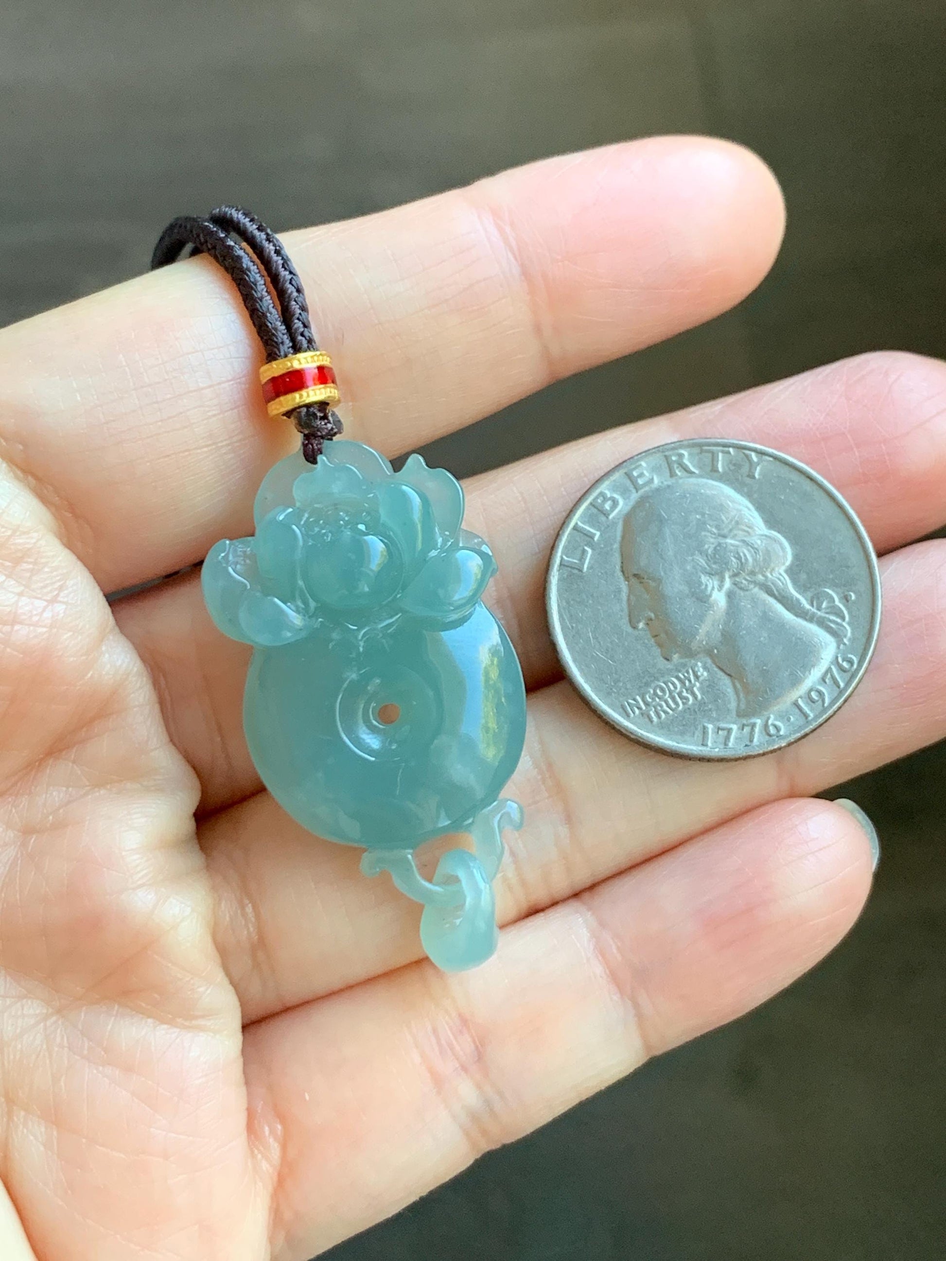 Natural Grade A Guatemalan Icy Translucent Light Teal Blue Jade Jadeite Lotus Ping An Kou Donut Pendant Rope Necklace 天然冰危蓝翡翠莲花平安扣吊坠 WLPK220