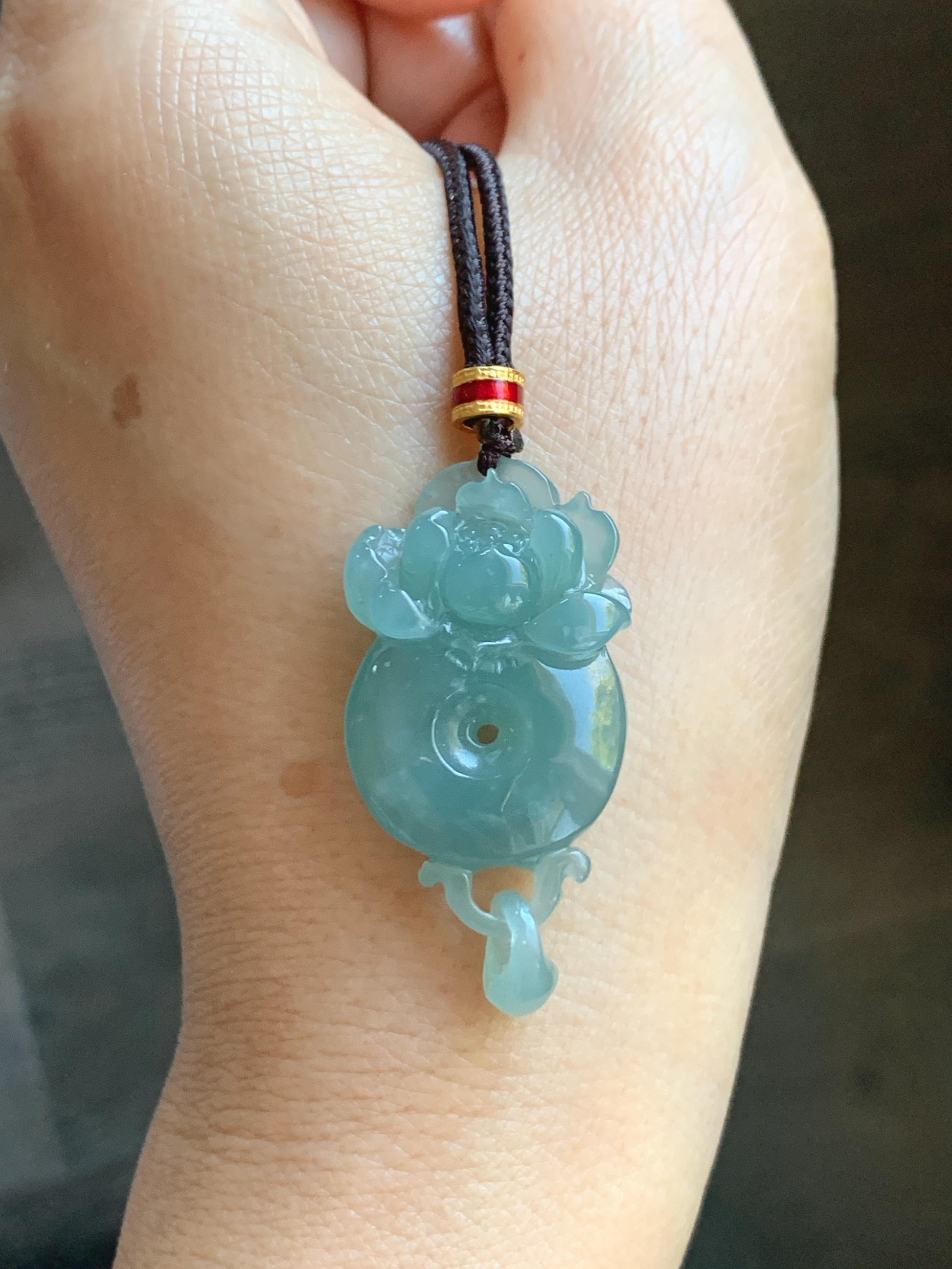 Natural Grade A Guatemalan Icy Translucent Light Teal Blue Jade Jadeite Lotus Ping An Kou Donut Pendant Rope Necklace 天然冰危蓝翡翠莲花平安扣吊坠 WLPK220