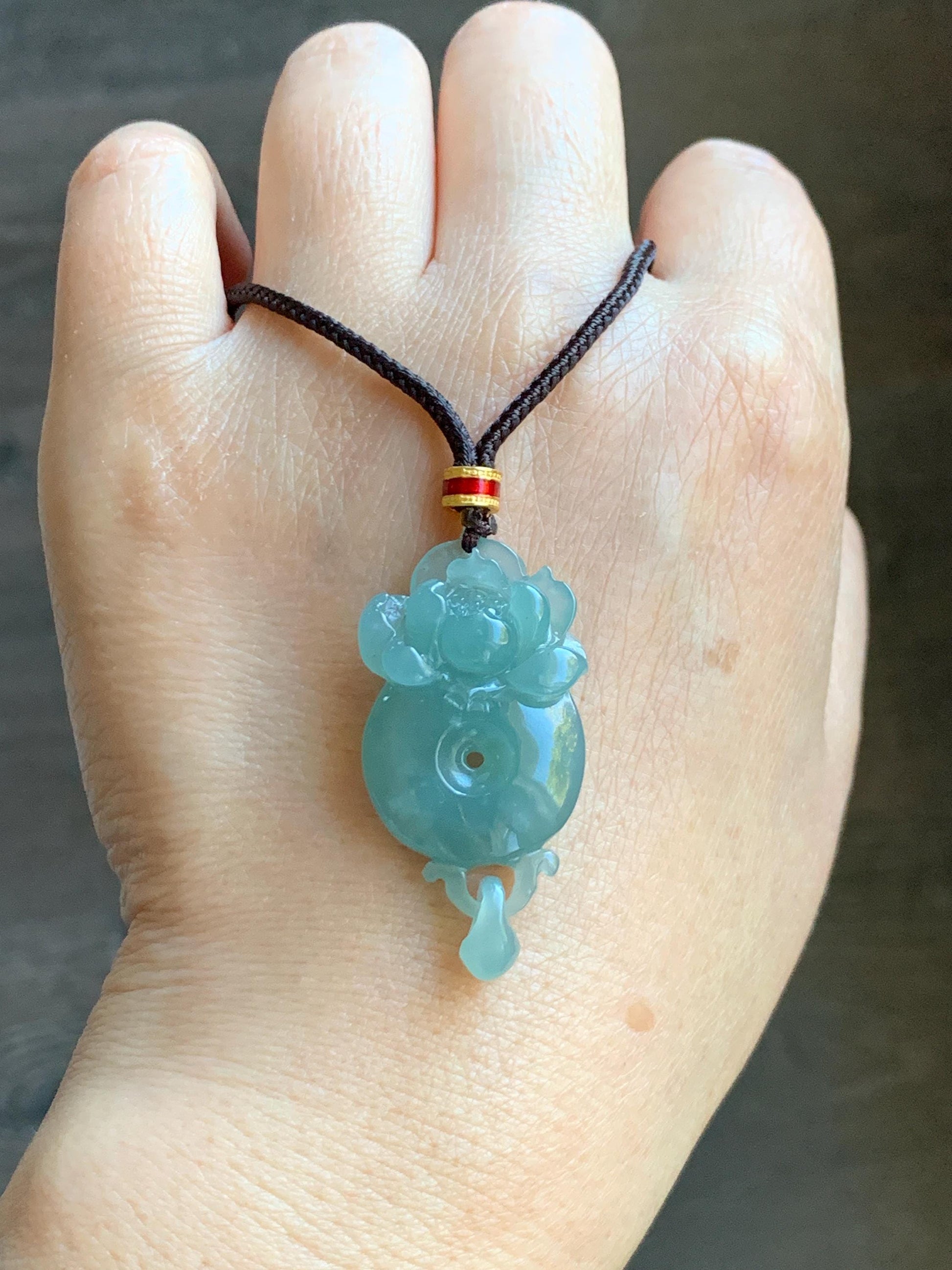 Natural Grade A Guatemalan Icy Translucent Light Teal Blue Jade Jadeite Lotus Ping An Kou Donut Pendant Rope Necklace 天然冰危蓝翡翠莲花平安扣吊坠 WLPK220