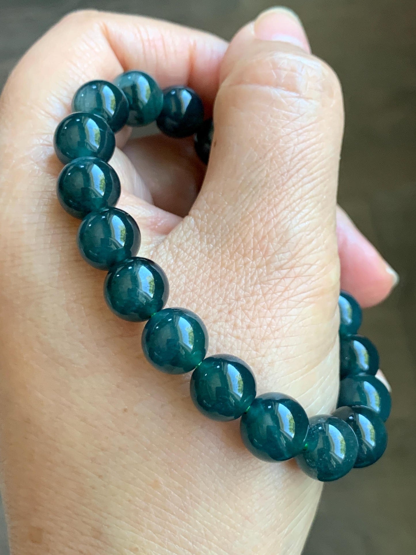 Natural Guatemalan Grade A Icy Translucent Dark Teal Blue Jade Jadeite Beaded Bracelet Stretchy 9.9mm 7” 32g 天然冰危深蓝绿翡翠圆珠手串 WSL268