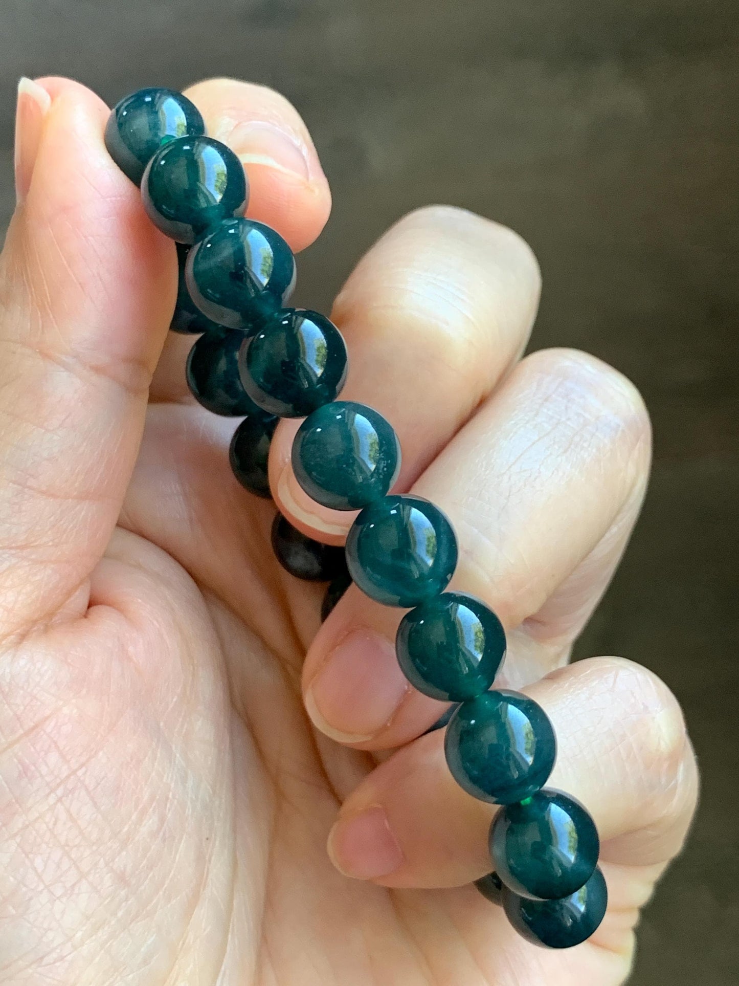 Natural Guatemalan Grade A Icy Translucent Dark Teal Blue Jade Jadeite Beaded Bracelet Stretchy 9.9mm 7” 32g 天然冰危深蓝绿翡翠圆珠手串 WSL268