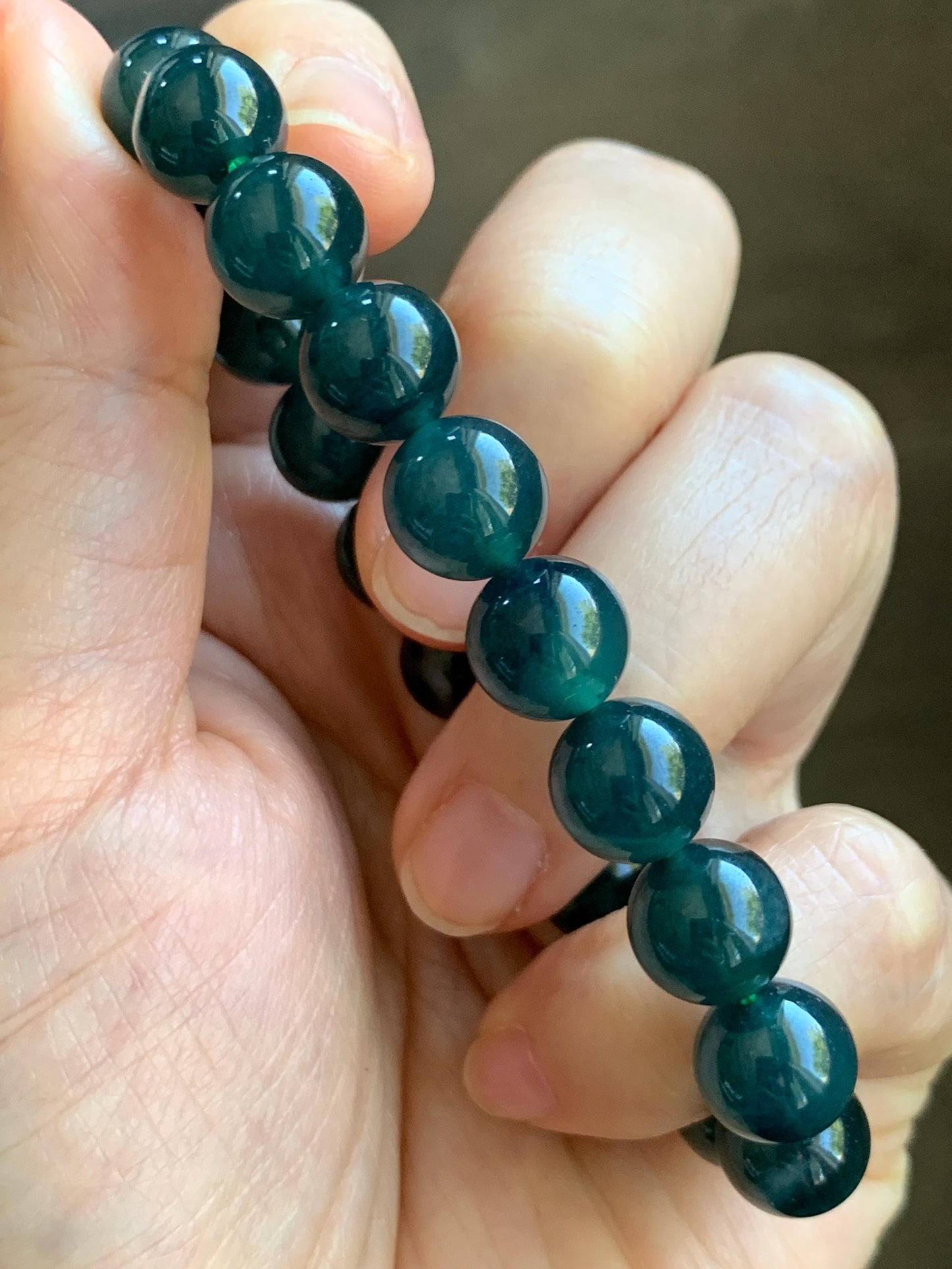 Natural Guatemalan Grade A Icy Translucent Dark Teal Blue Jade Jadeite Beaded Bracelet Stretchy 9.9mm 7” 32g 天然冰危深蓝绿翡翠圆珠手串 WSL268