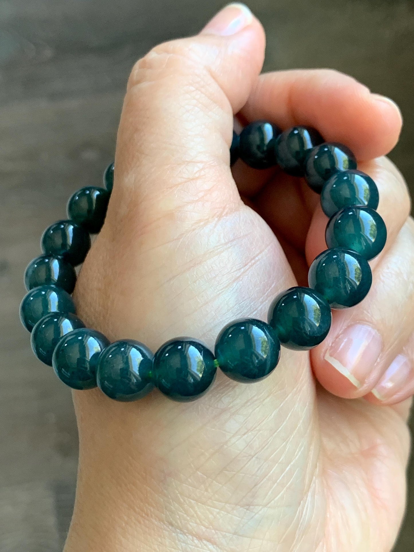 Natural Guatemalan Grade A Icy Translucent Dark Teal Blue Jade Jadeite Beaded Bracelet Stretchy 9.9mm 7” 32g 天然冰危深蓝绿翡翠圆珠手串 WSL268