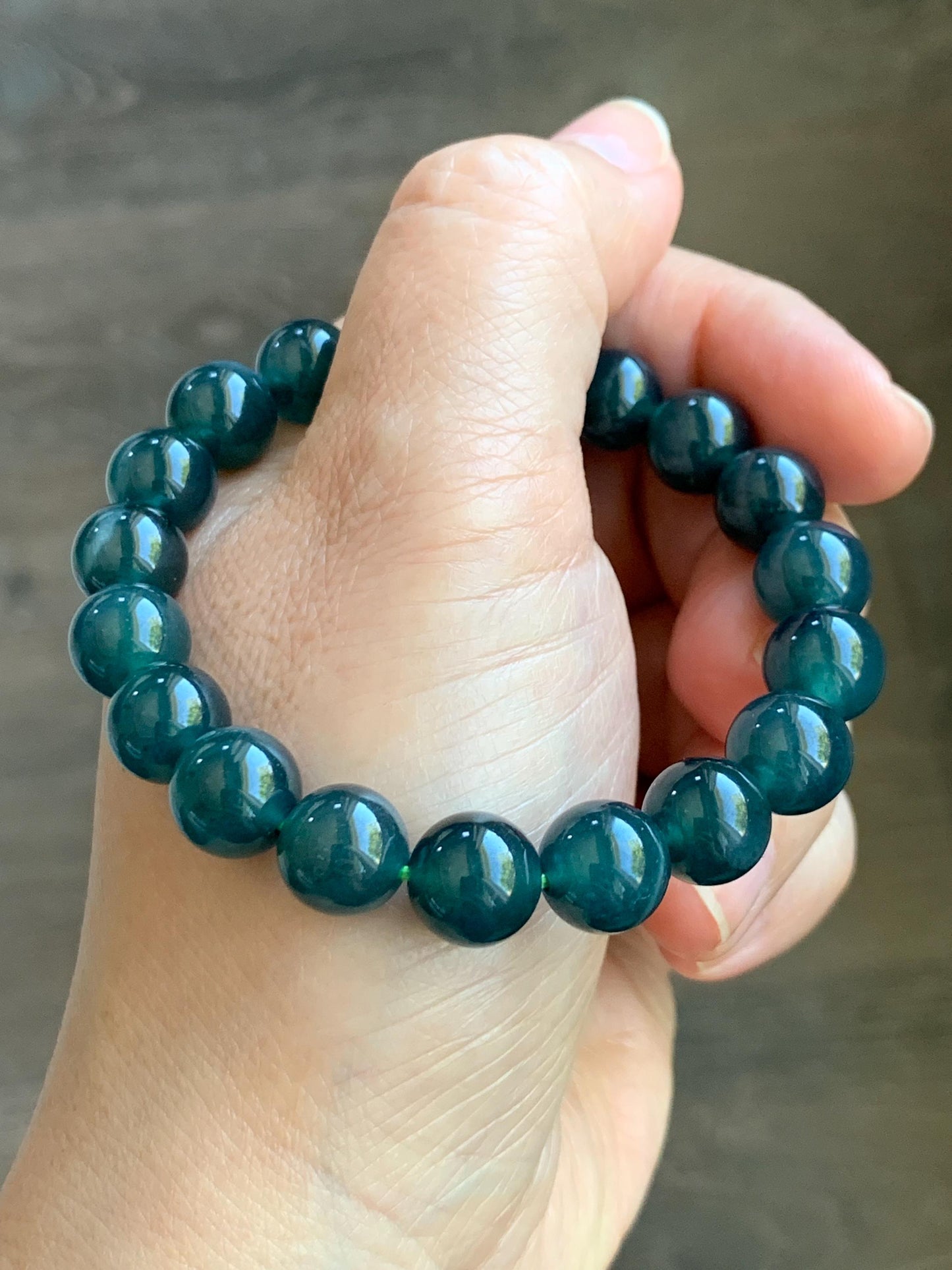 Natural Guatemalan Grade A Icy Translucent Dark Teal Blue Jade Jadeite Beaded Bracelet Stretchy 9.9mm 7” 32g 天然冰危深蓝绿翡翠圆珠手串 WSL268