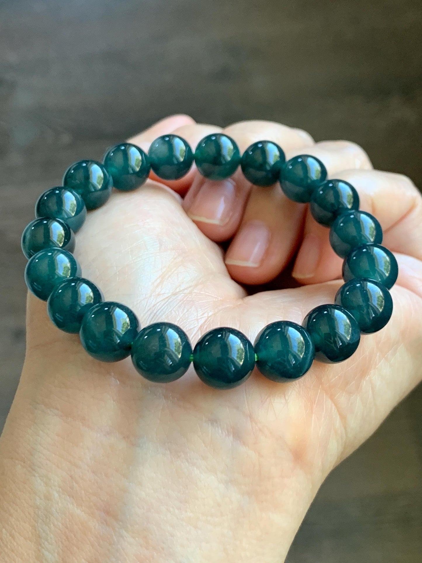 Natural Guatemalan Grade A Icy Translucent Dark Teal Blue Jade Jadeite Beaded Bracelet Stretchy 9.9mm 7” 32g 天然冰危深蓝绿翡翠圆珠手串 WSL268