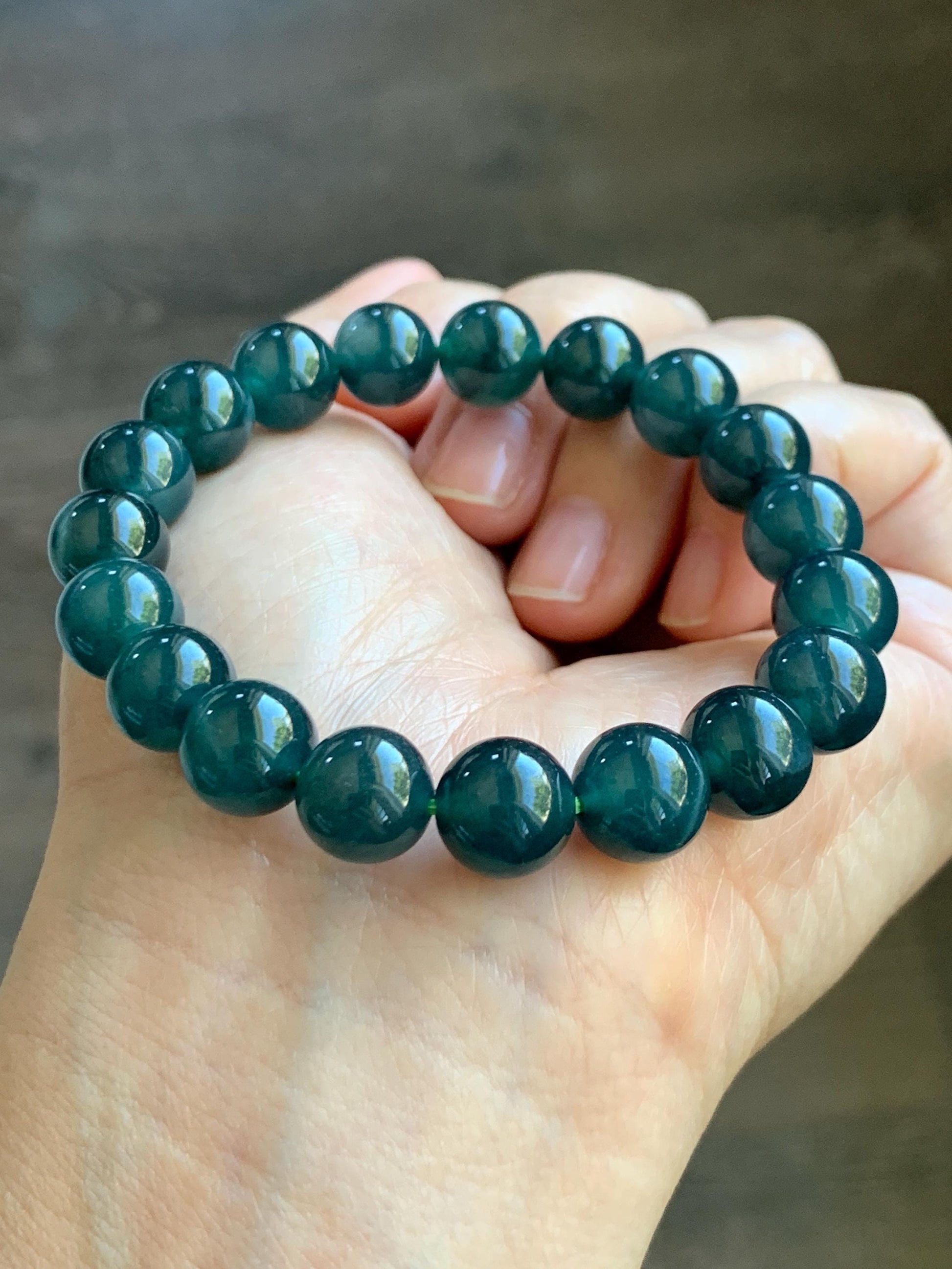 Natural Guatemalan Grade A Icy Translucent Dark Teal Blue Jade Jadeite Beaded Bracelet Stretchy 9.9mm 7” 32g 天然冰危深蓝绿翡翠圆珠手串 WSL268