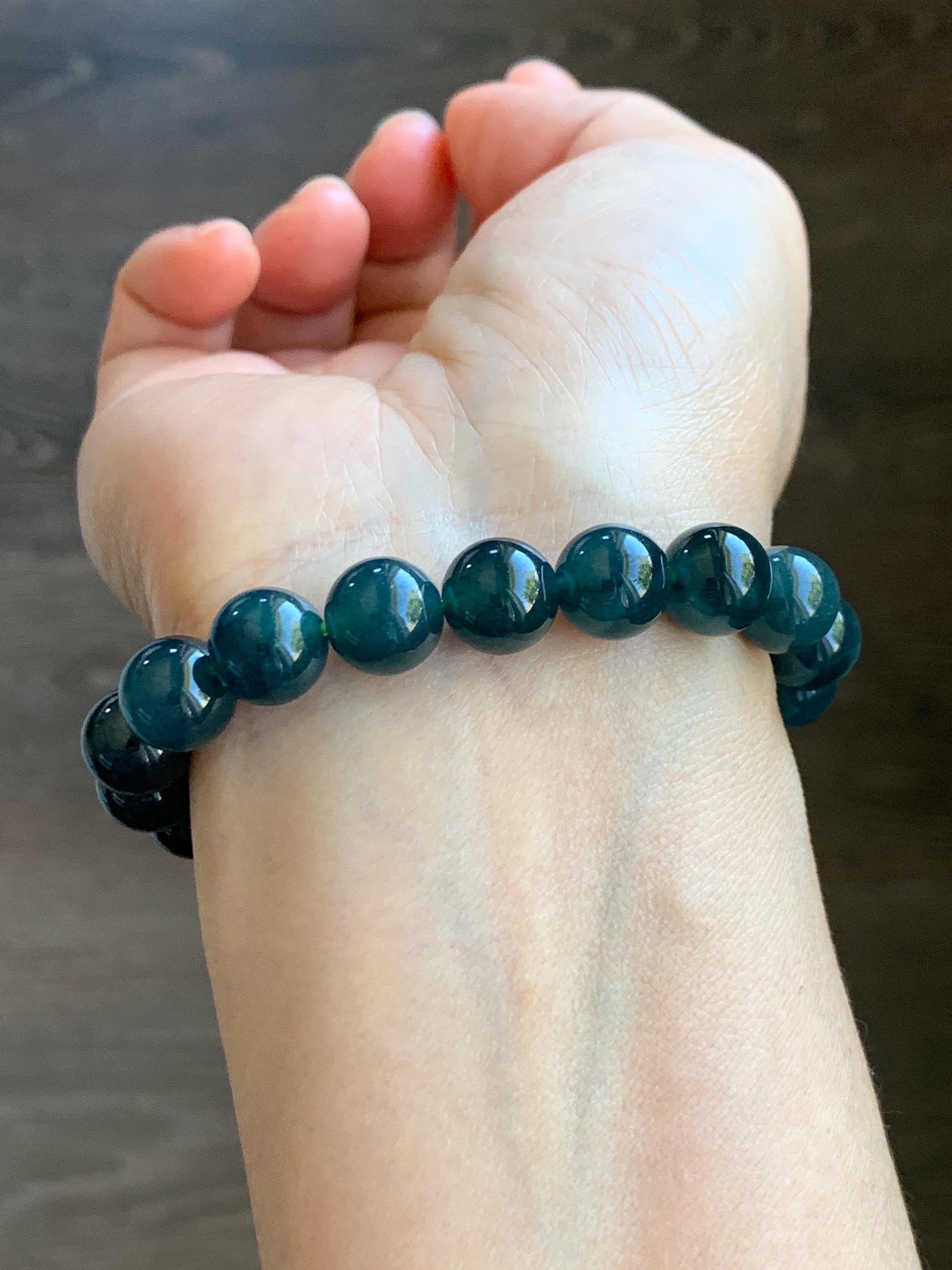 Natural Guatemalan Grade A Icy Translucent Dark Teal Blue Jade Jadeite Beaded Bracelet Stretchy 9.9mm 7” 32g 天然冰危深蓝绿翡翠圆珠手串 WSL268